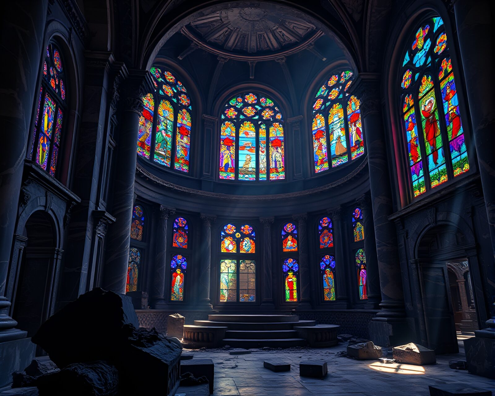 Stunning image of dark, mysterious marble palace in ruins