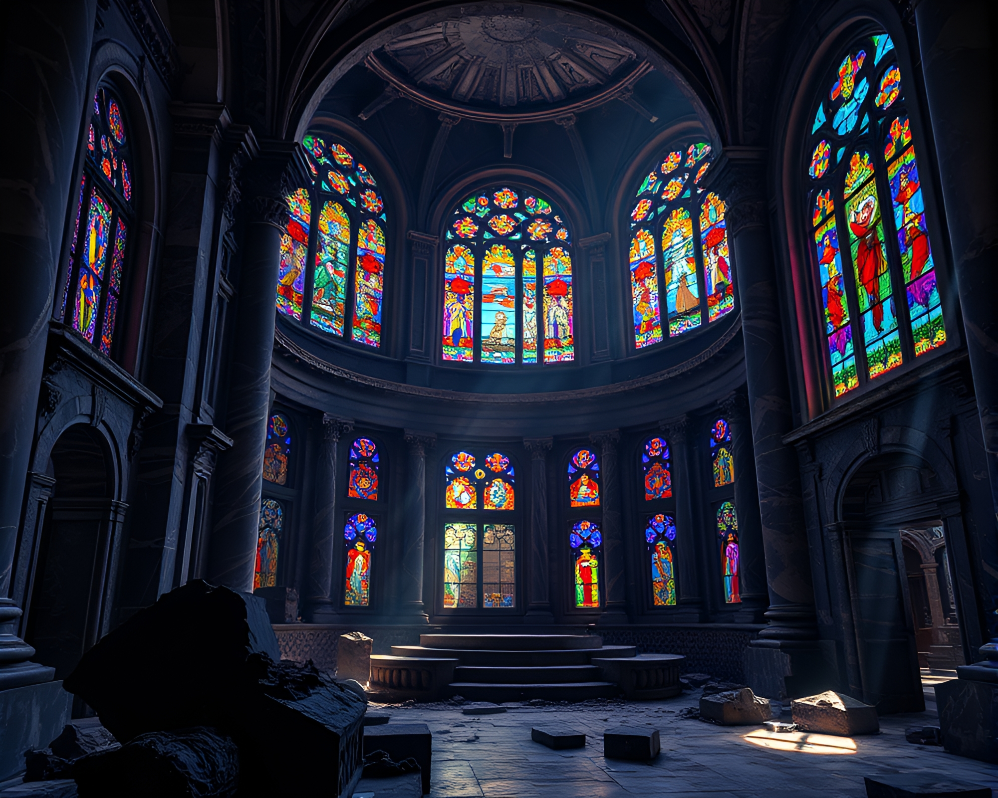 Enchanting Ruins: Dark Marble Palace with Vibrant Stained Glass – free AI stock image