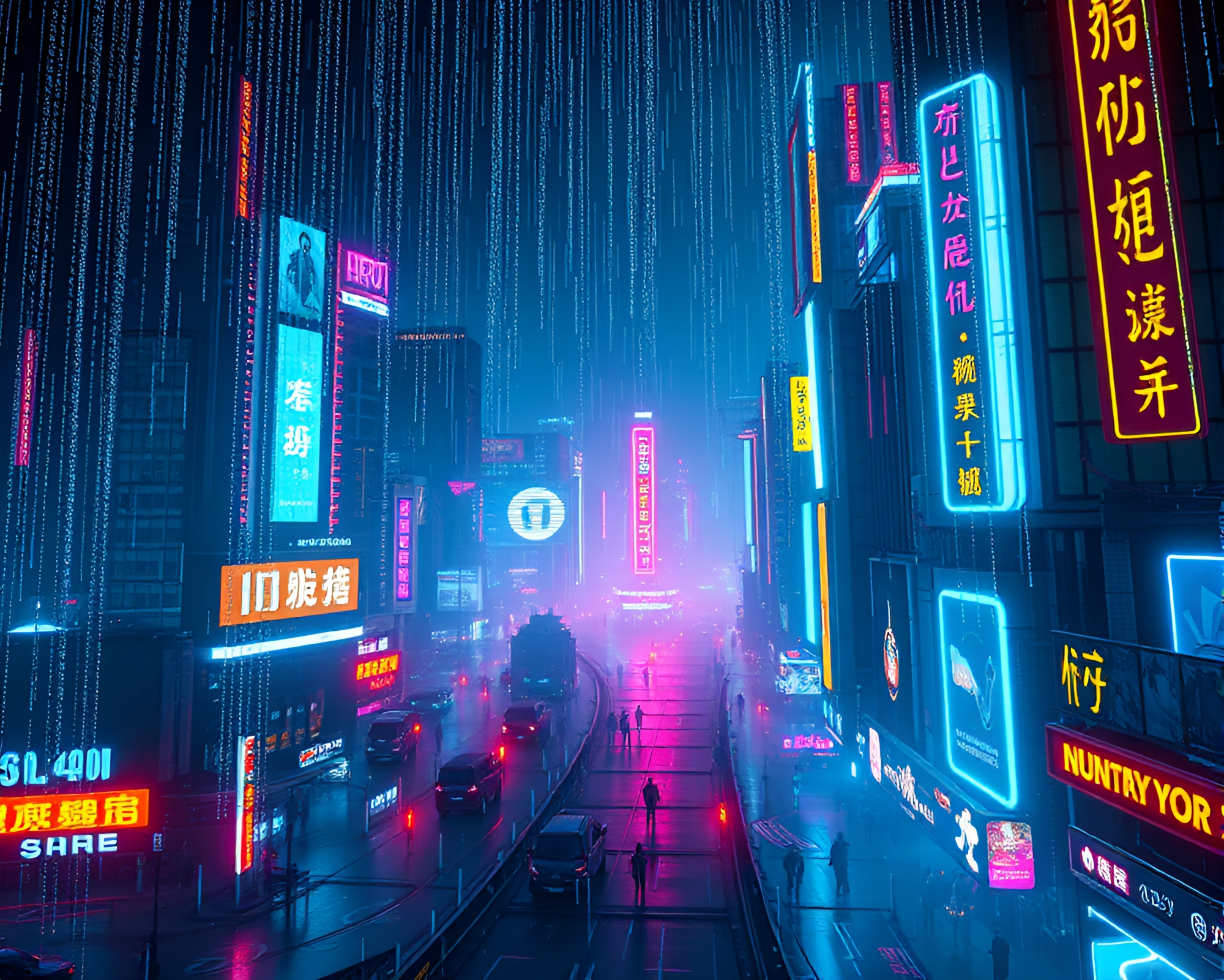 Neon-lit Cityscape with Binary Code Rain – free AI stock image