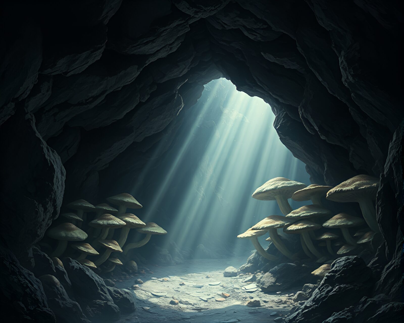 Claustrophobic scene with shadows in luminous cavern art piece