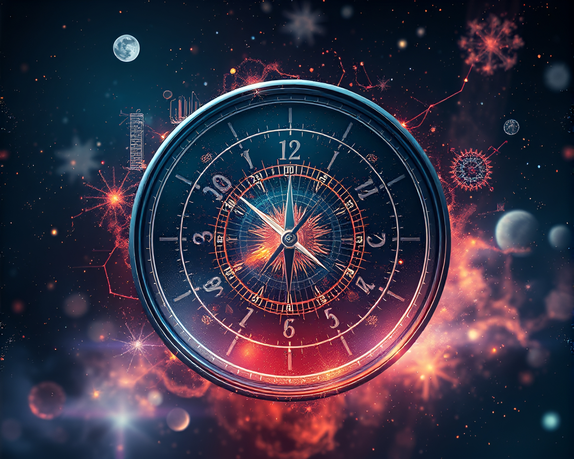 Cosmic Clock Face with Digital Elements in Matte Painting Style – free AI stock image