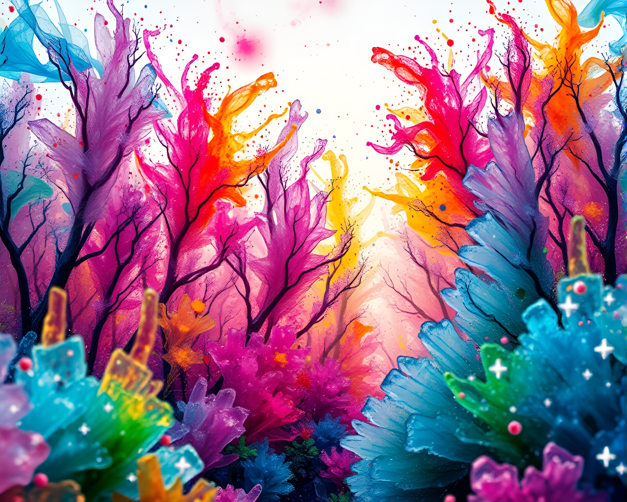 Surreal Silicon Crystal Forest Alive with Colorful Watercolor Splashes – free AI stock image