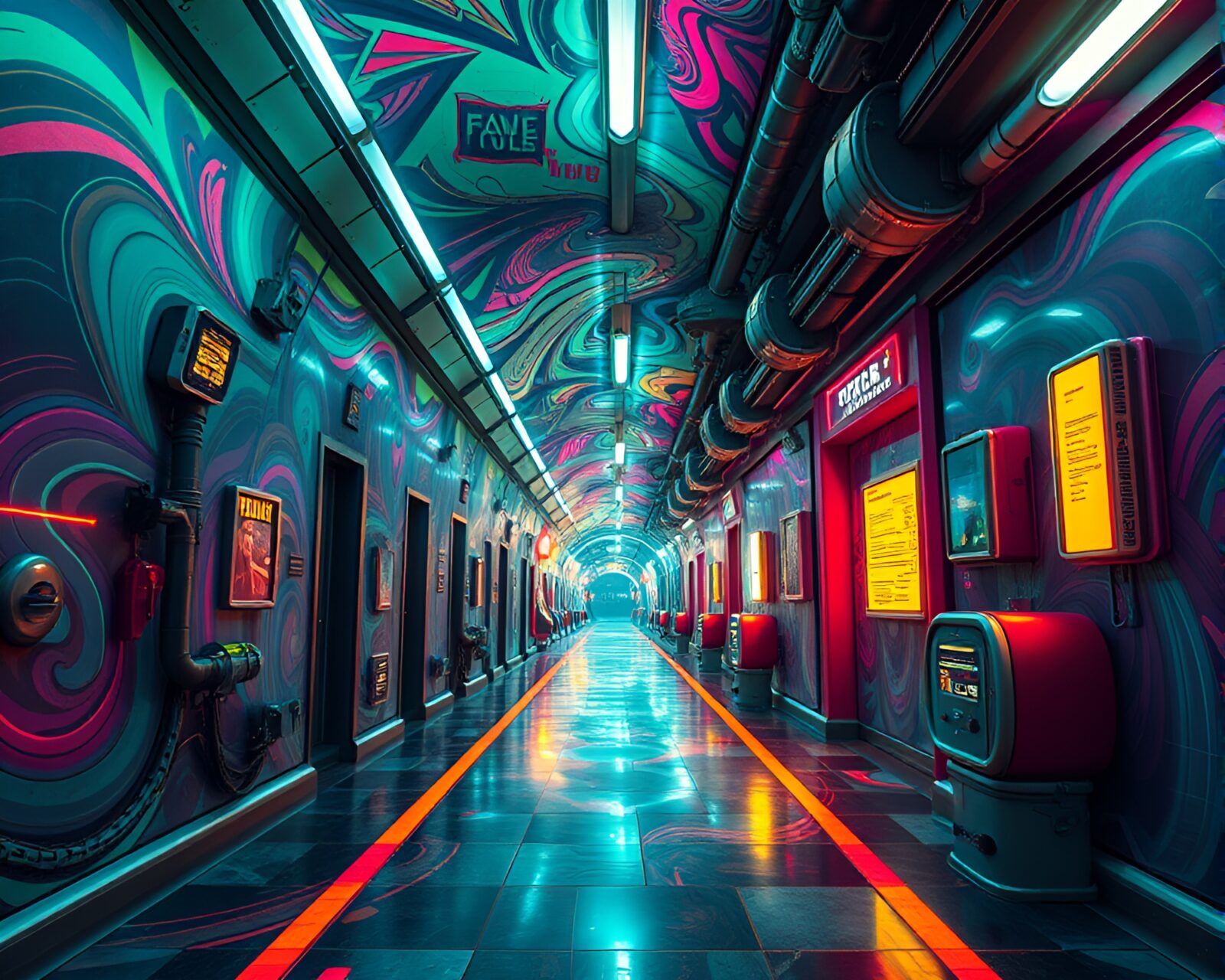 Dynamic energy in time-warp corridor with futuristic-vintage mix