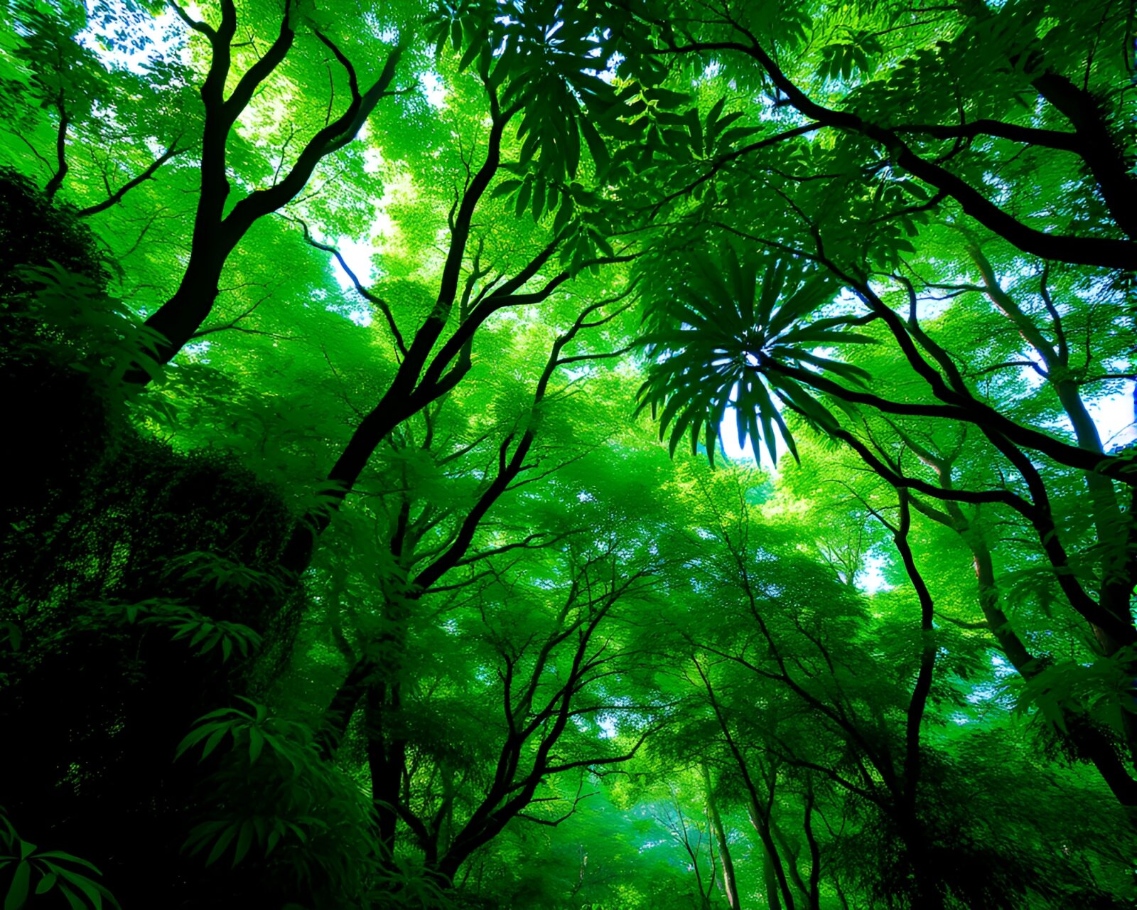 Spectacular emerald canopy glade with vibrant colors in forest.