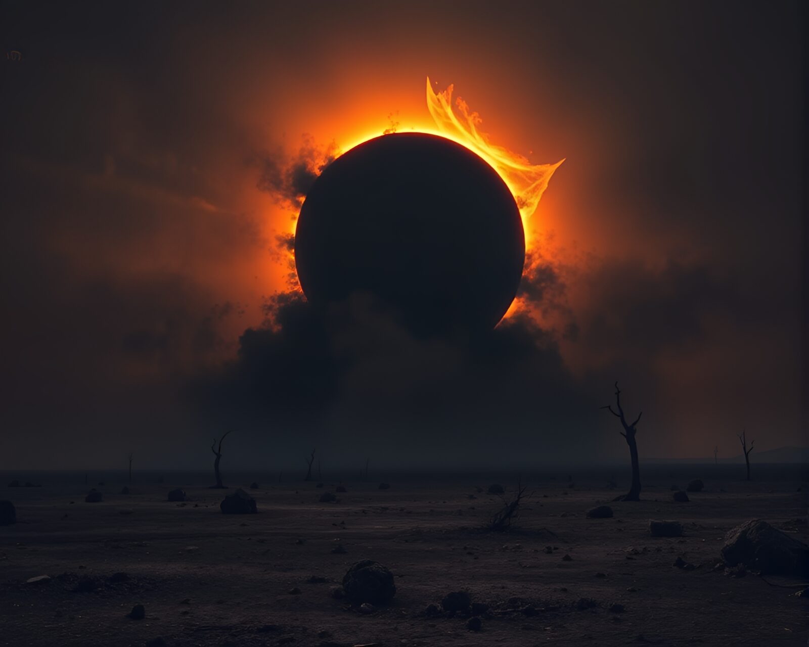 Intense eclipse shadow over desolate wasteland landscape