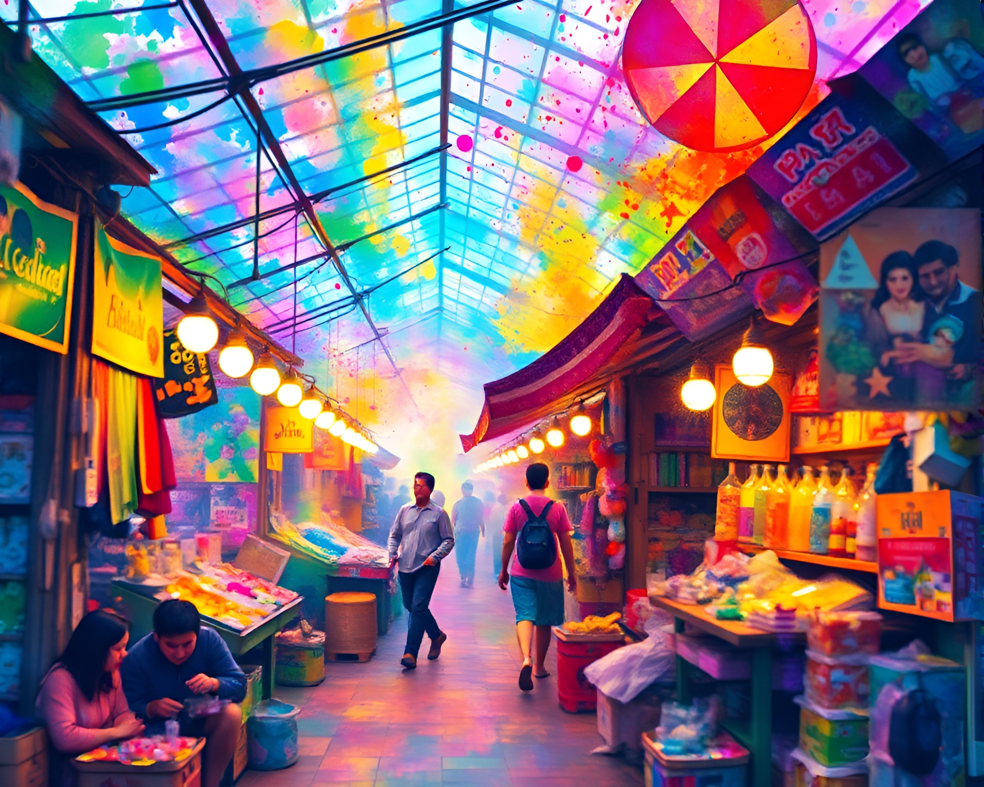 Vibrant Holographic Bazaar Filled with Colorful Watercolor Splashes – free AI stock image