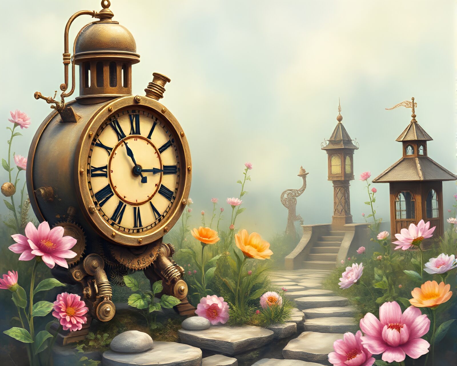 Detailed illustration of mechanical plants in dreamy watercolor scene