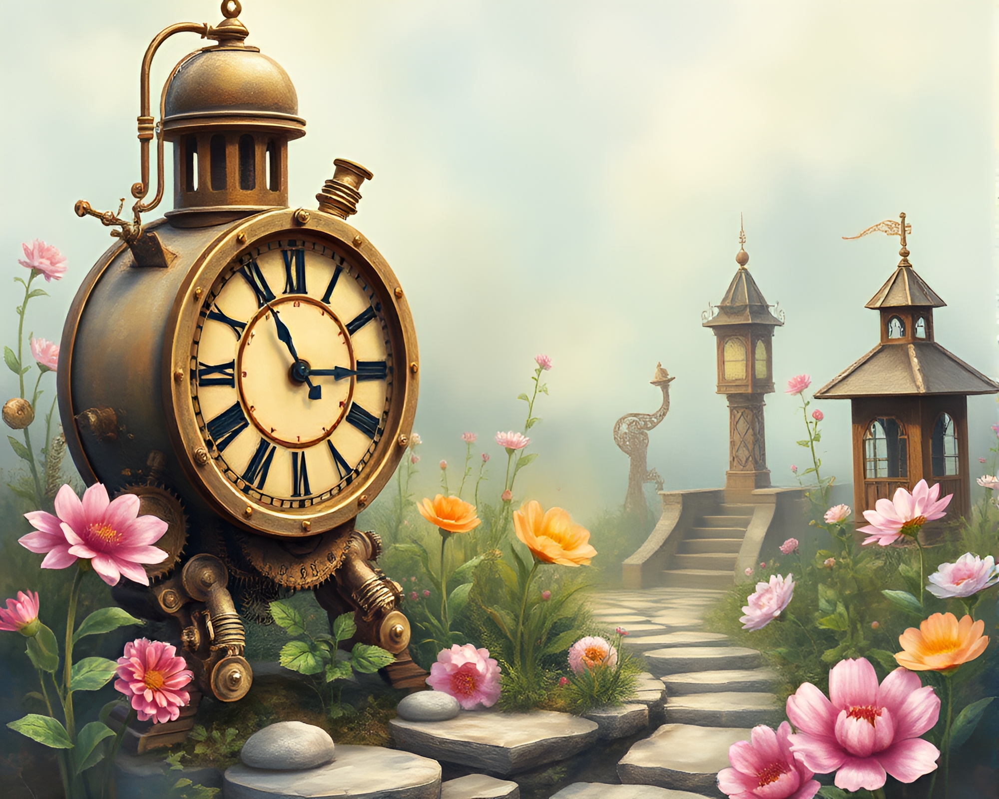 Ethereal Clockwork Garden with Watercolor Splashes – free AI stock image
