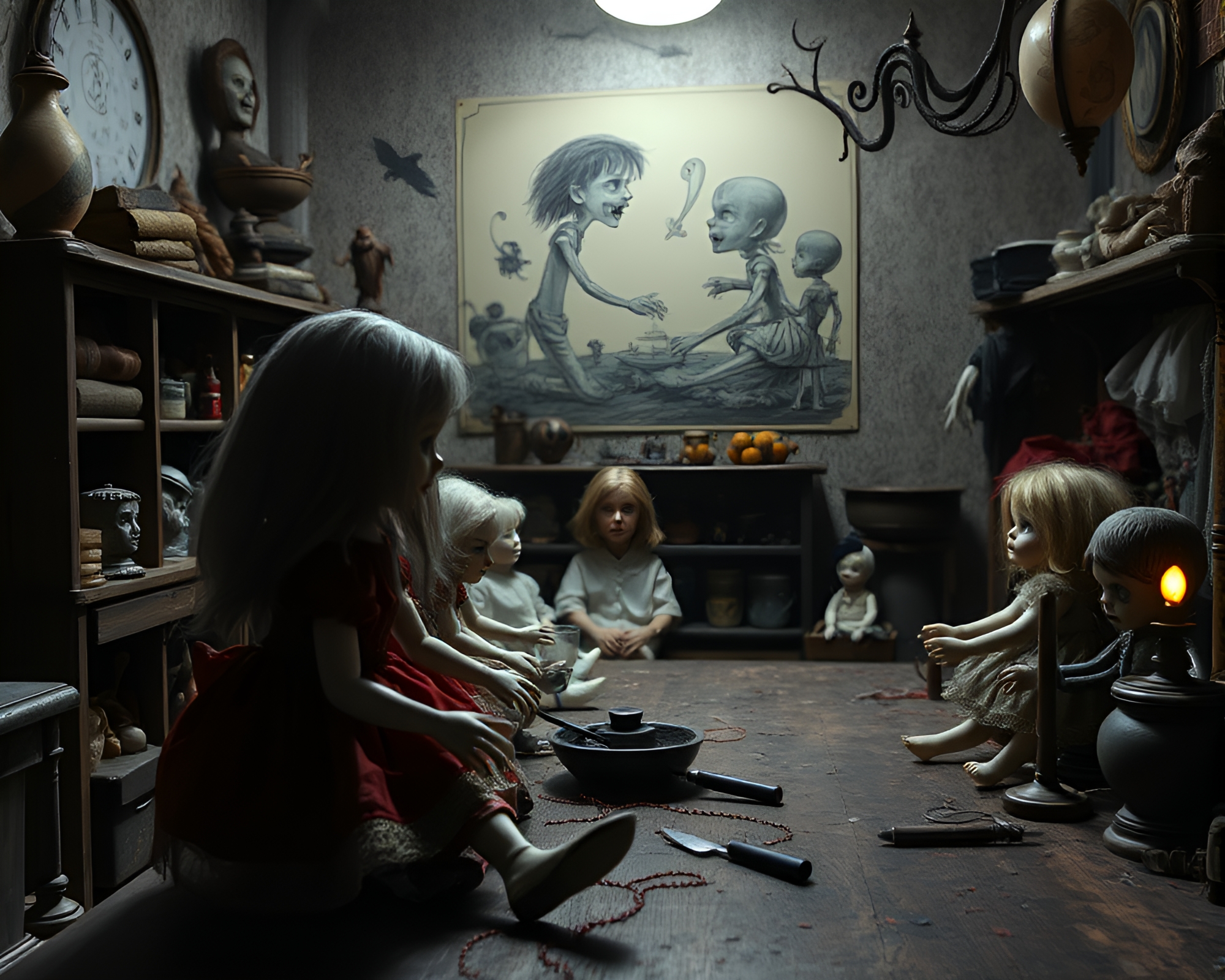 Eerie Porcelain Doll Workshop Illustration – free AI stock image