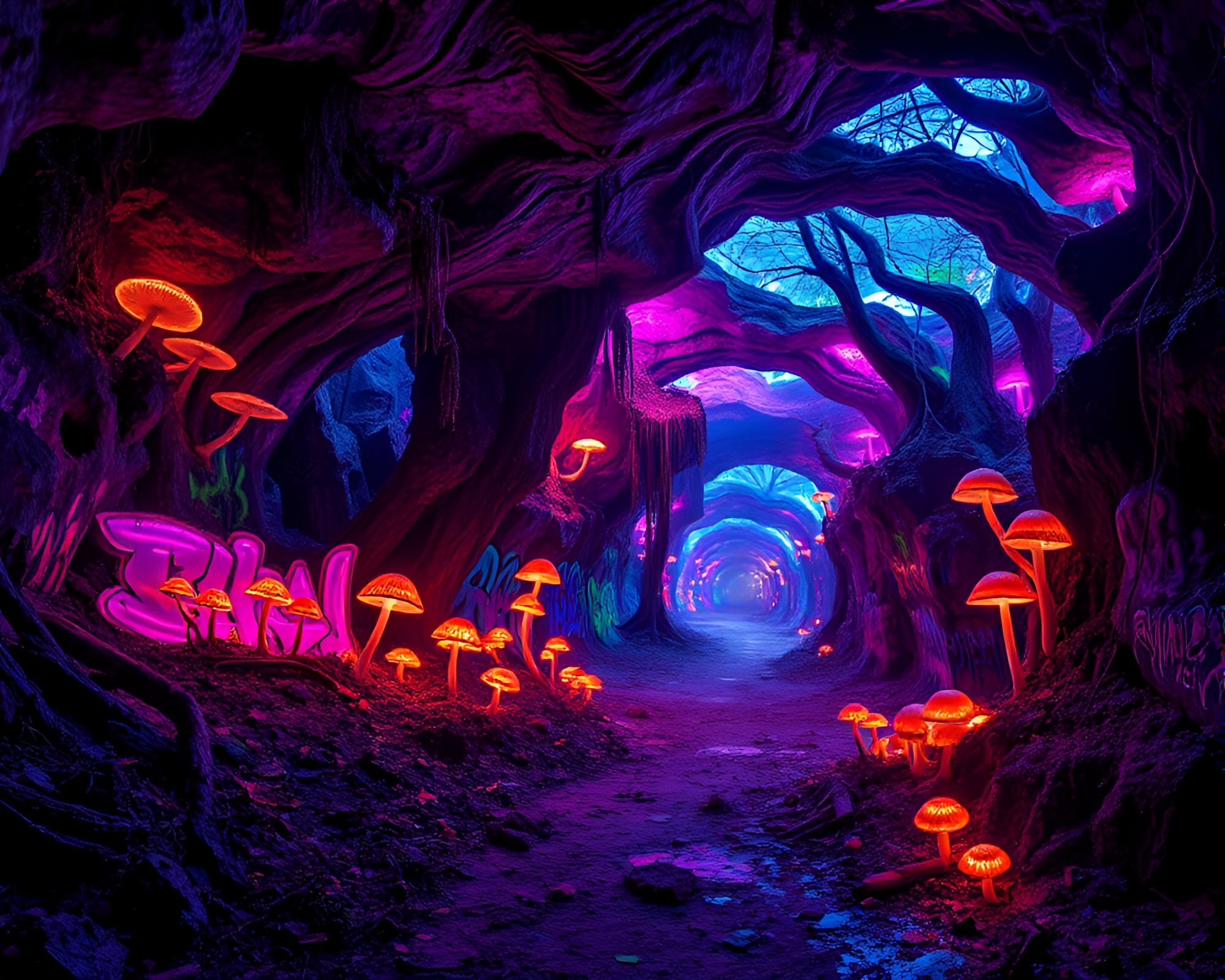Vibrant Neon Fungus Forest and Graffiti Art Underground – free AI stock image