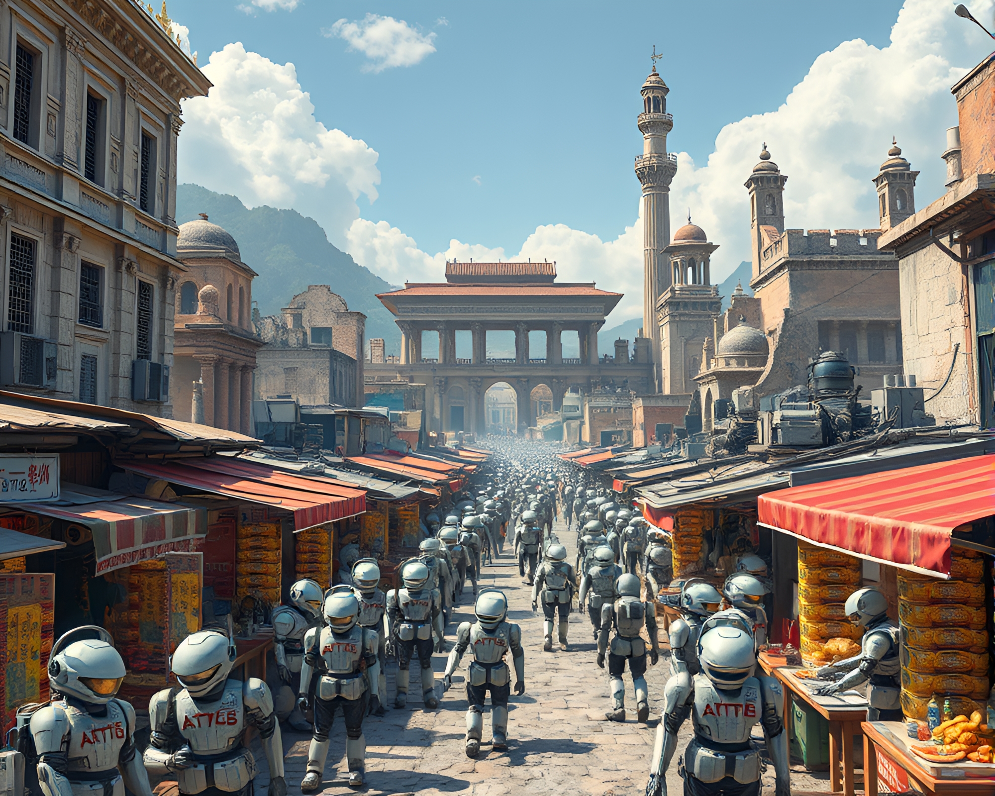 Futuristic Android Market in Ancient Architectural Setting – free AI stock image