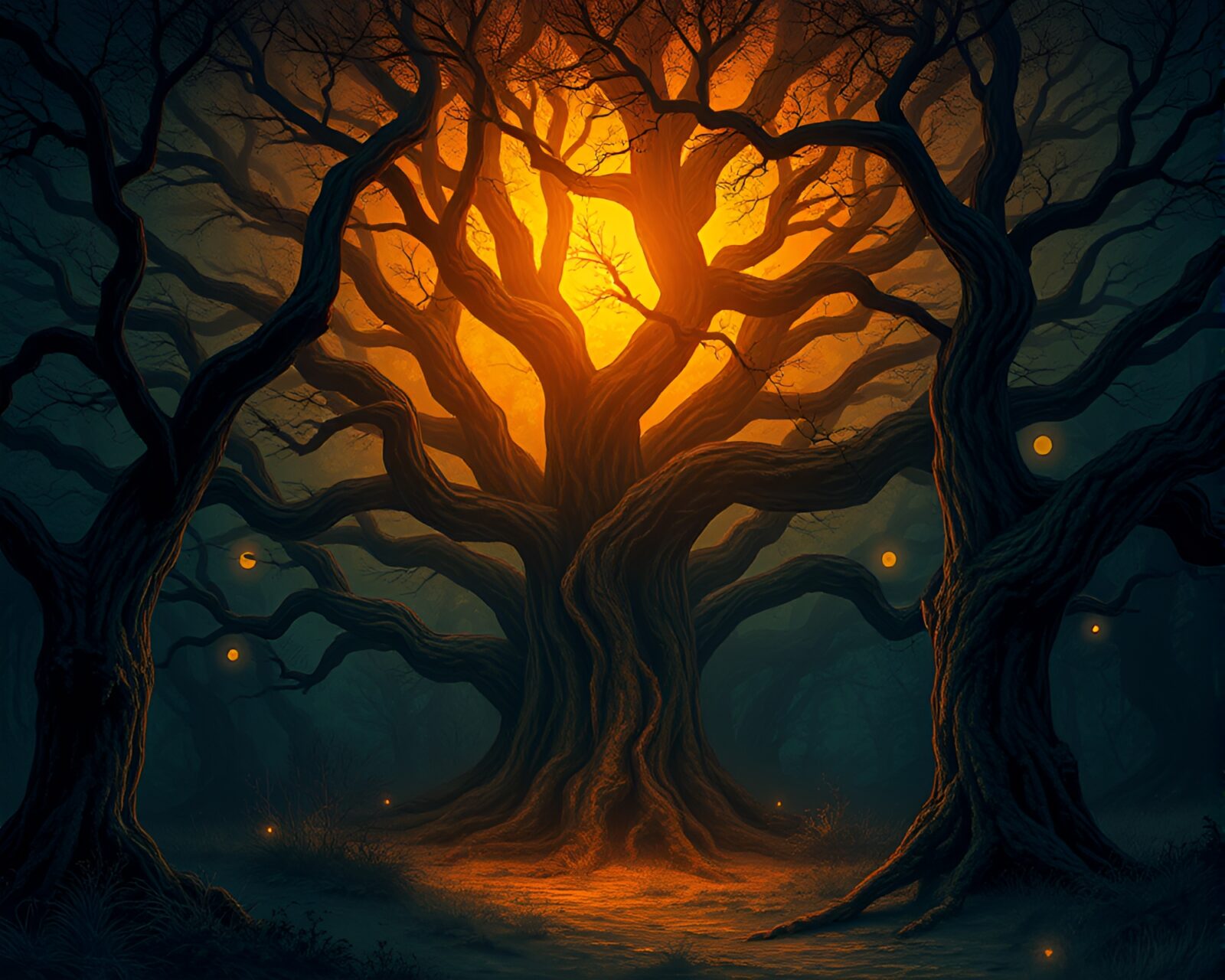 Detailed vector art of oak forest in spectral glow