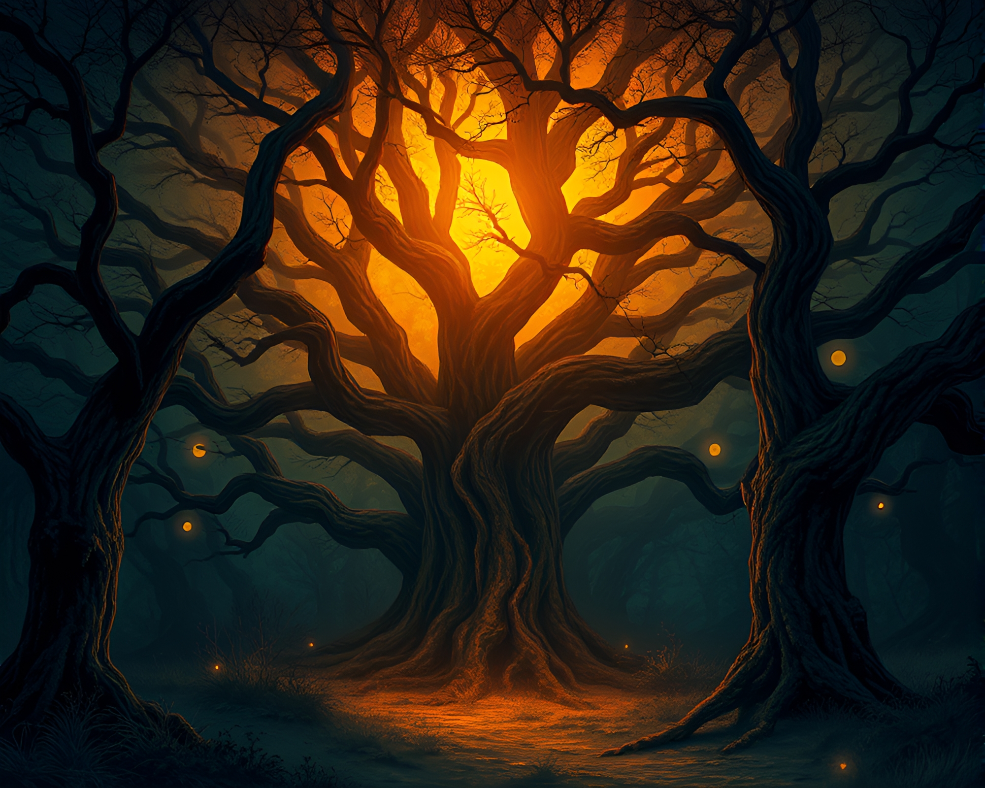 Ethereal Vector Illustration of Haunting Oak Forest – free AI stock image