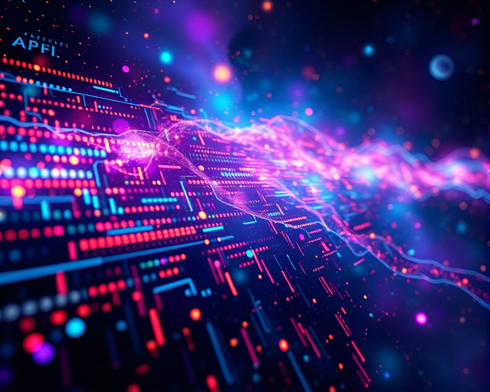 Vibrant cosmic setting with intricate data stream art