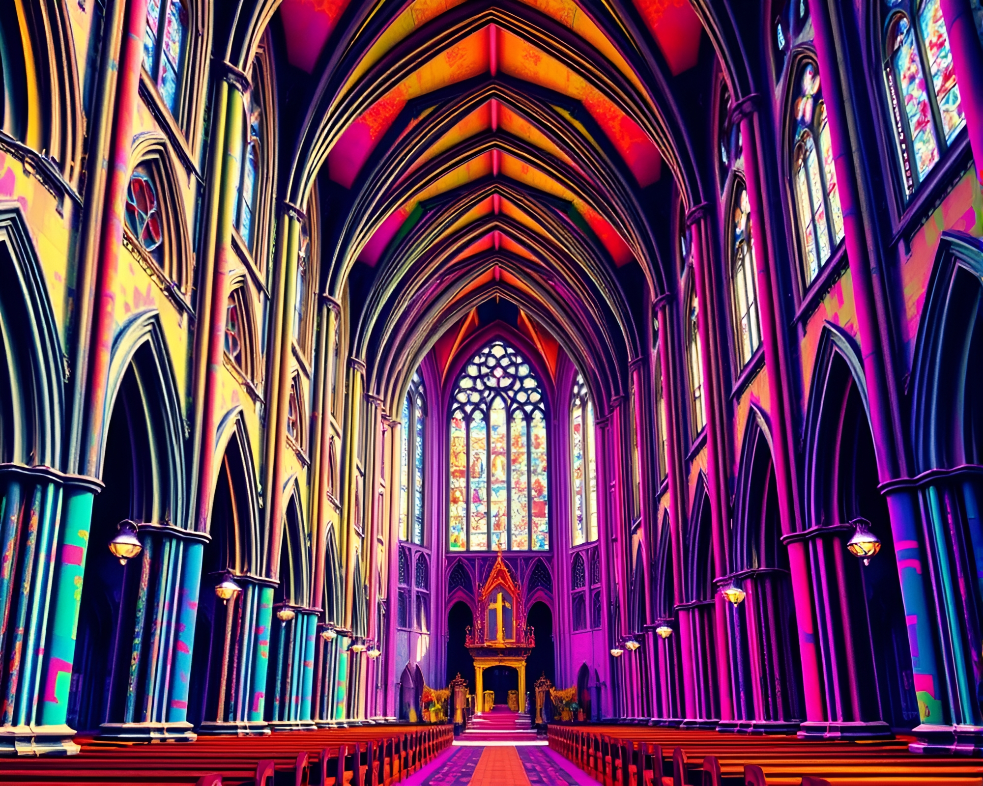 Gothic Cathedral with Vibrant Pop Art Decor – free AI stock image