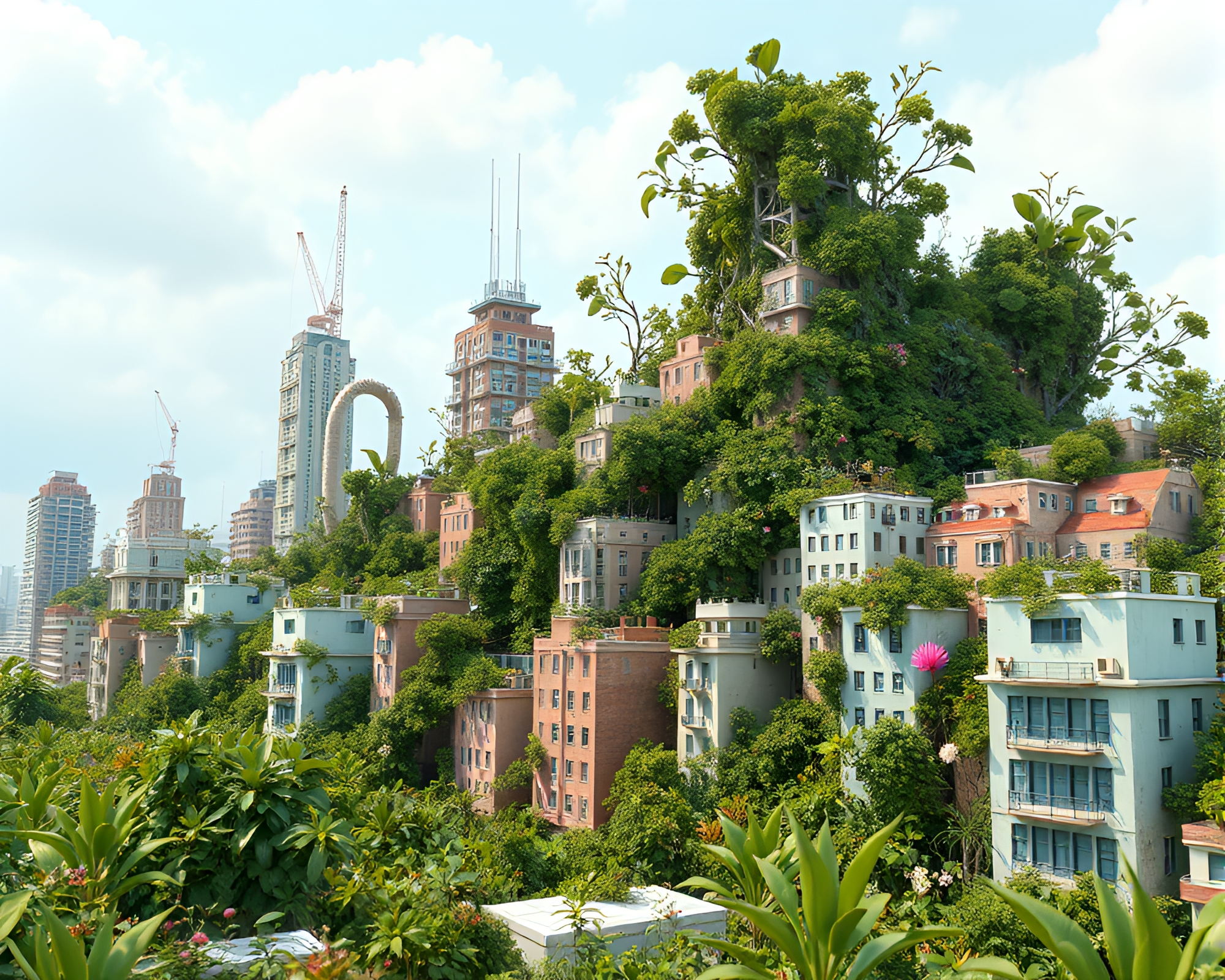 Futuristic city overwhelmed by wild botanical overgrowth – free AI stock image