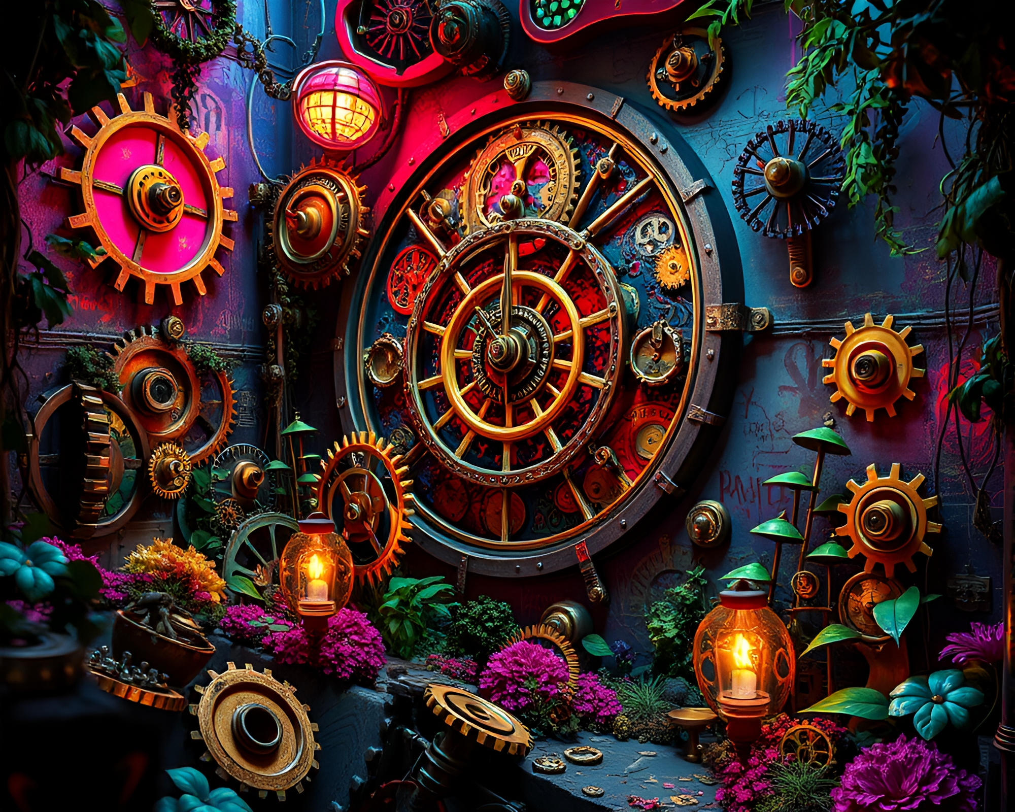 Clockwork garden with mystical neon graffiti – free AI stock image
