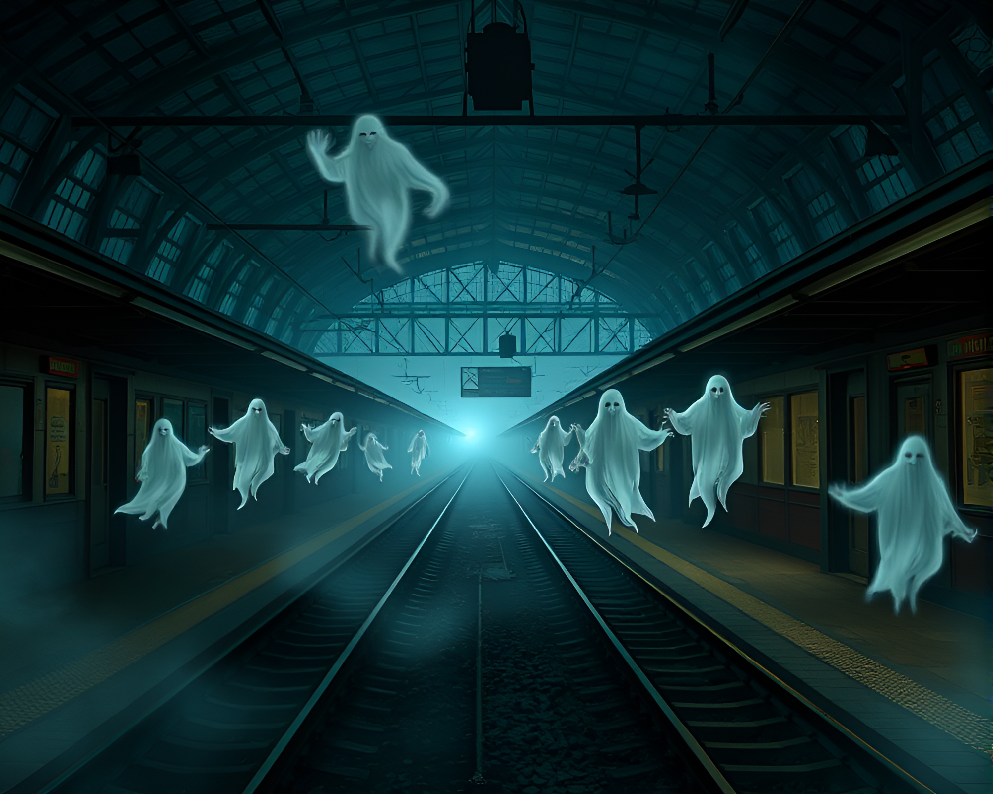 Ethereal Ghostly Figures Haunt Phantom Train Station – free AI stock image