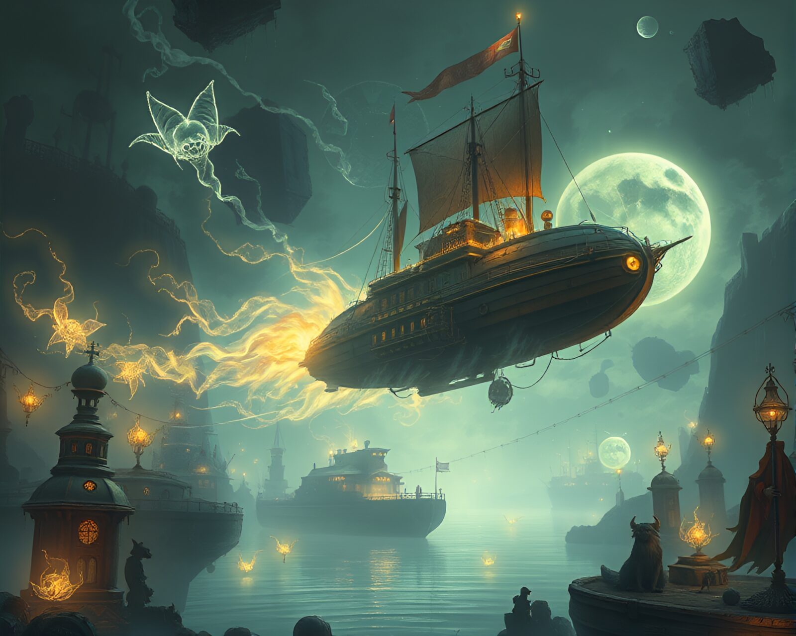 Glowing steampunk airship in ethereal, surreal floating port