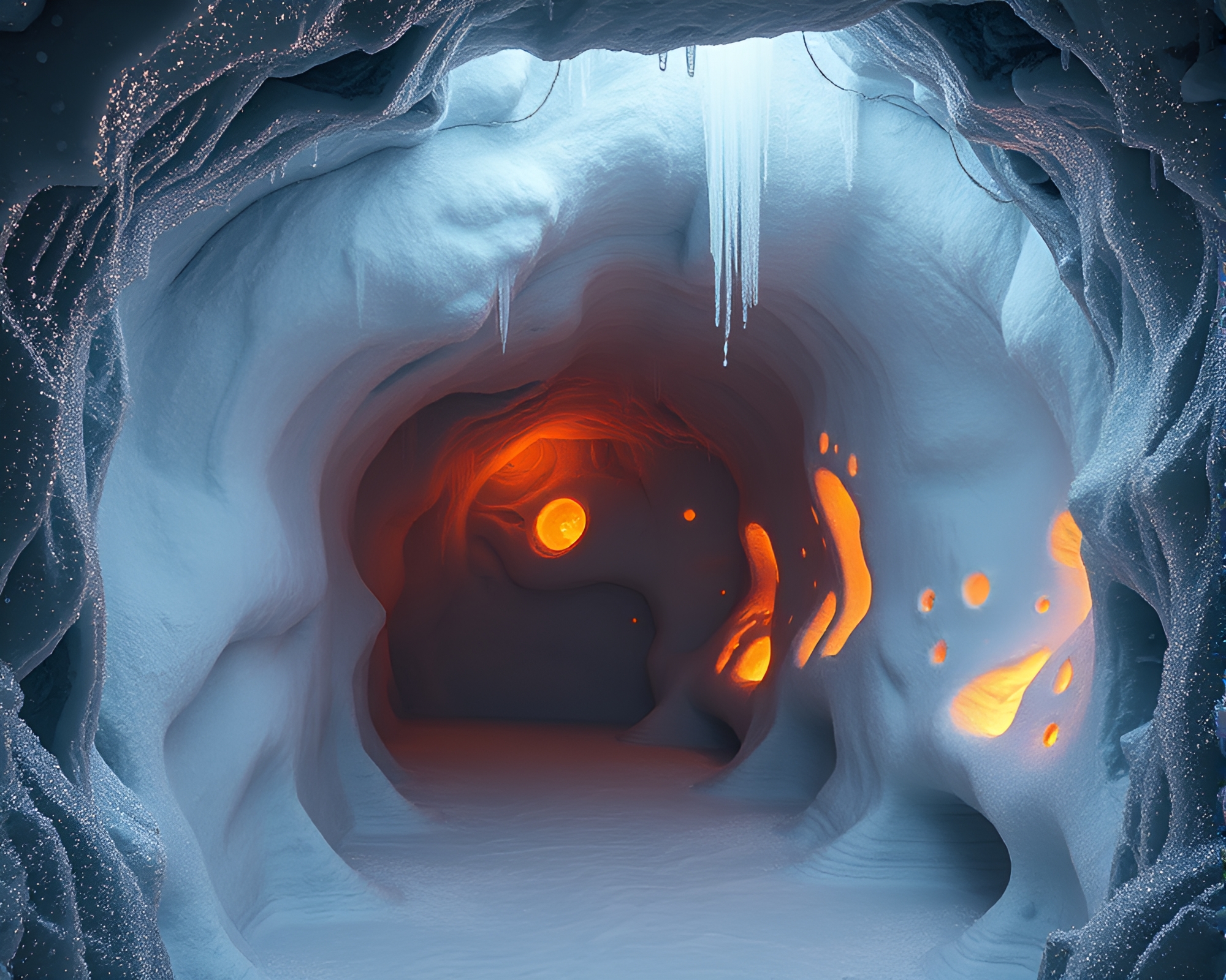 Surreal Frosty Cave with Intricate Carvings – free AI stock image