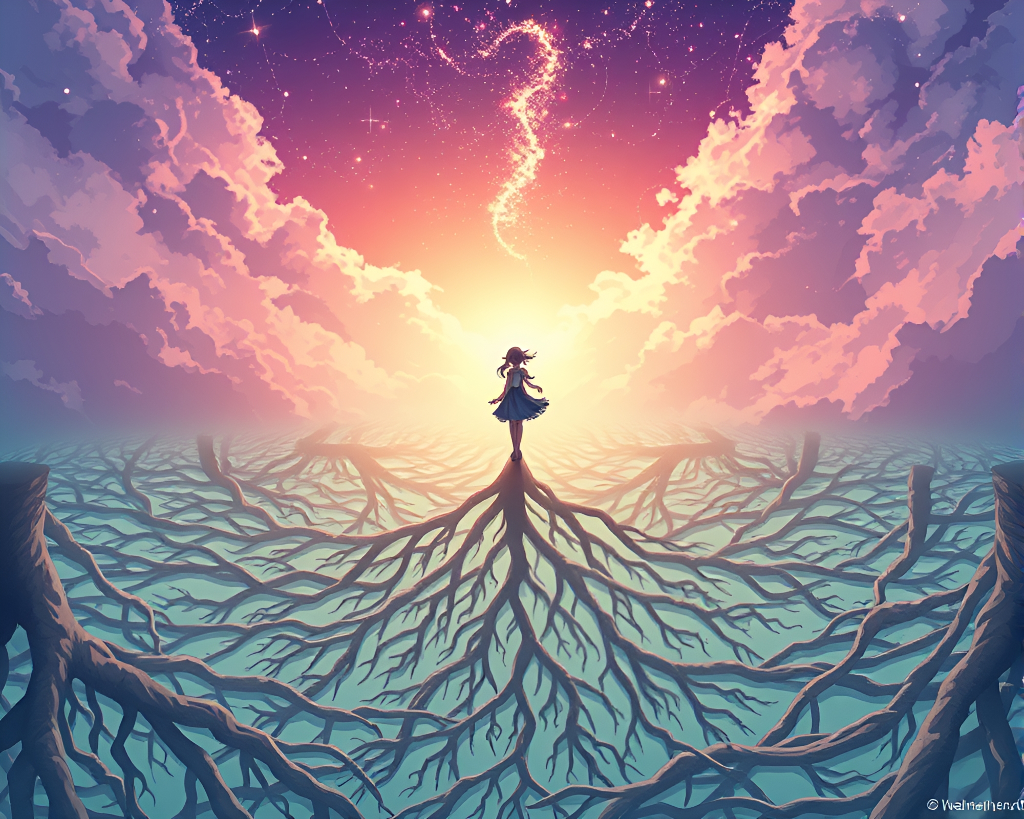 Anime character peacefully floating above intricate network of roots – free AI stock image