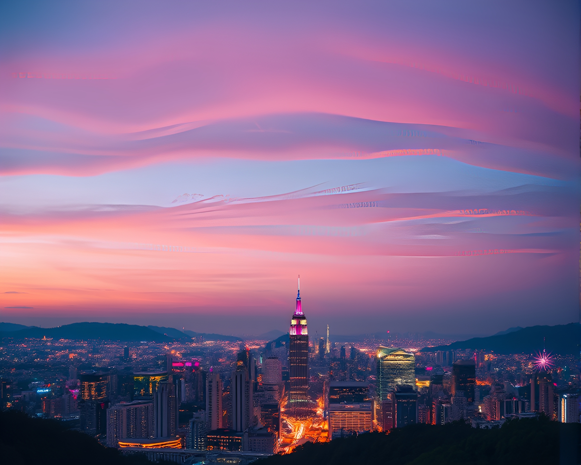 Vibrant Metropolis Glowing Under Pastel Sky – free AI stock image