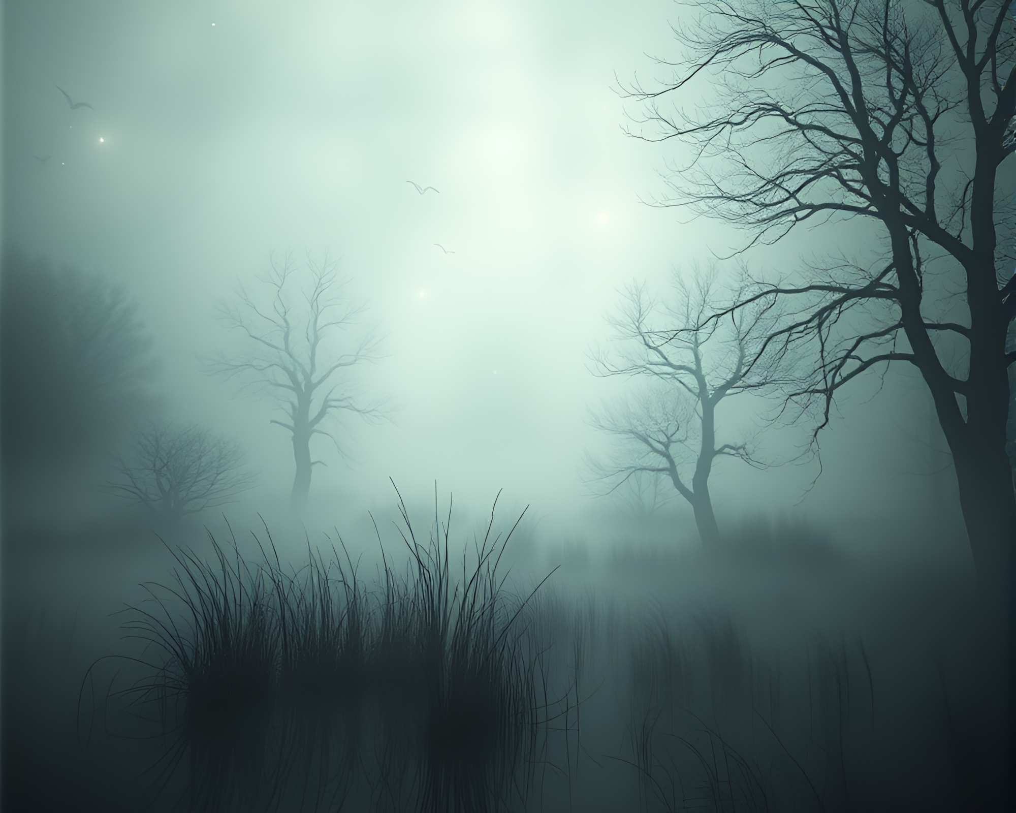 Ethereal Marsh with Ghostly Trees and Will-o’-Wisps – free AI stock image