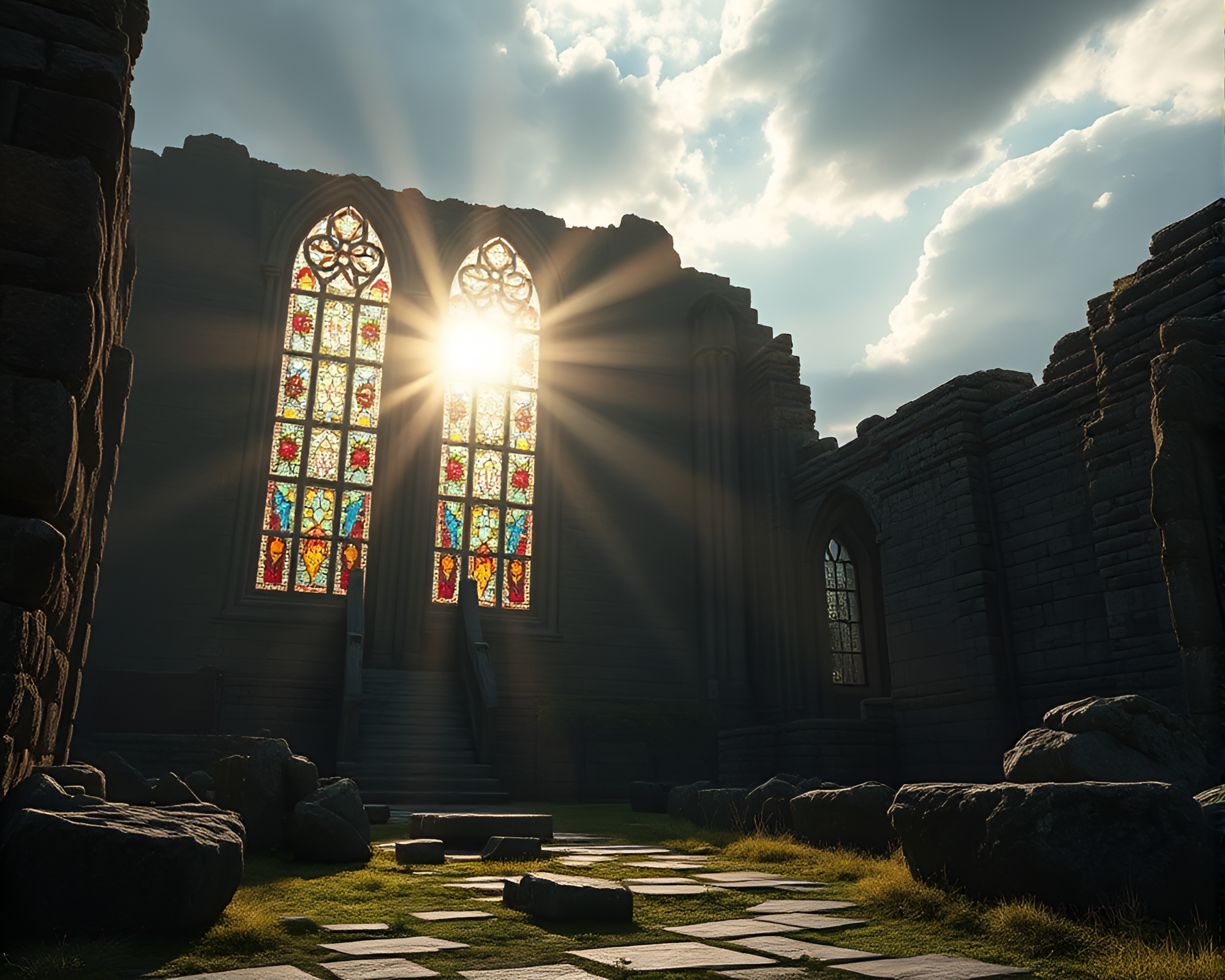 Ancient monolithic ruins with intricate stained glass windows – free AI stock image