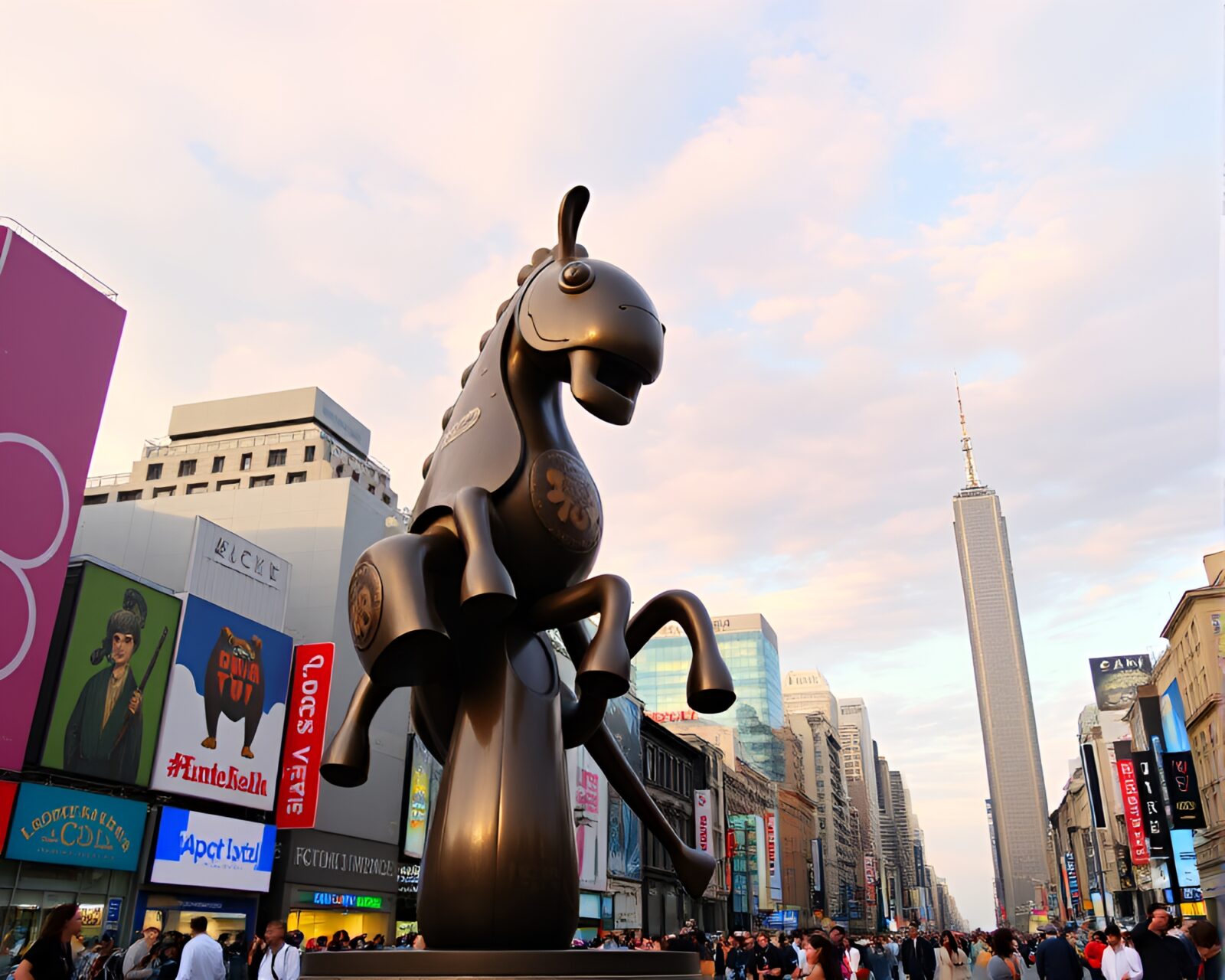 Playful and kinetic sculpture in bustling metropolis under pastel sky