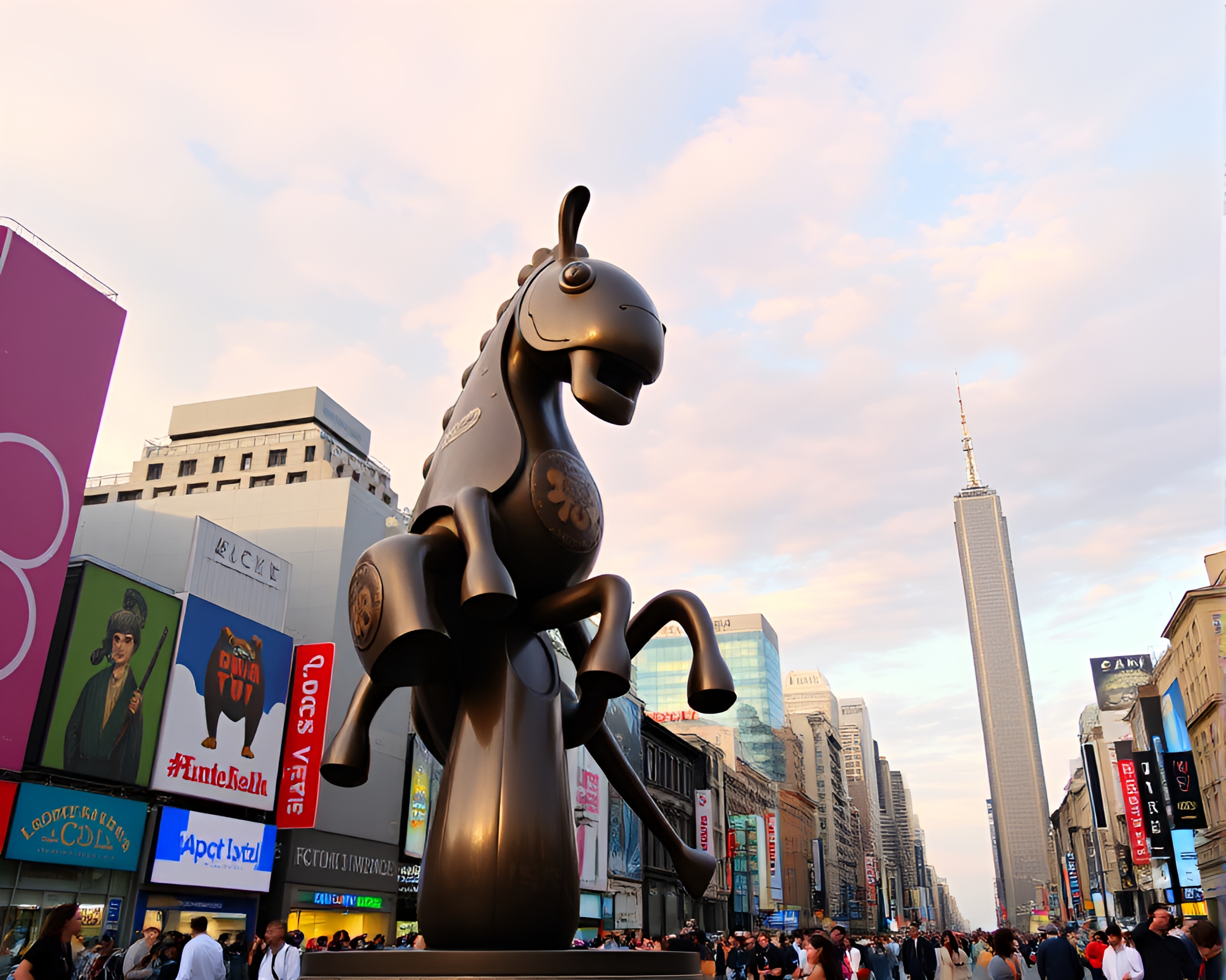 Whimsical Kinetic Sculpture Mesmerizes Urban Crowds at Dusk – free AI stock image