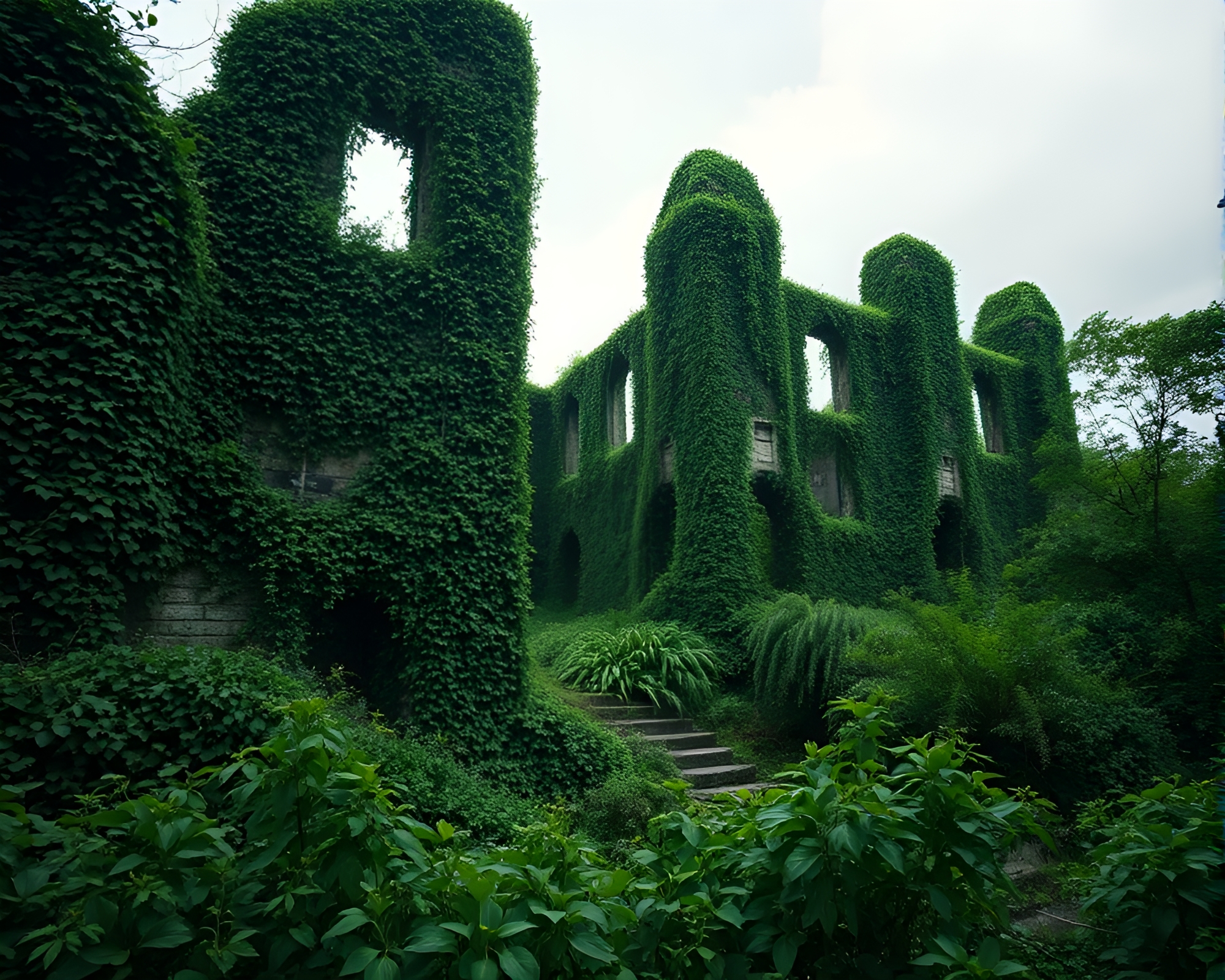 Ivy-Entwined Fortress: Nature’s Wrath and Decay – free AI stock image