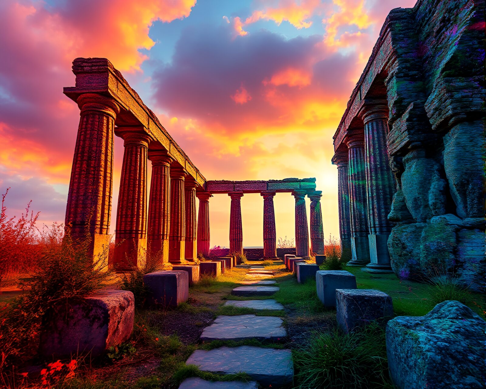 A mesmerizing fusion of monolithic ruins and glitch art