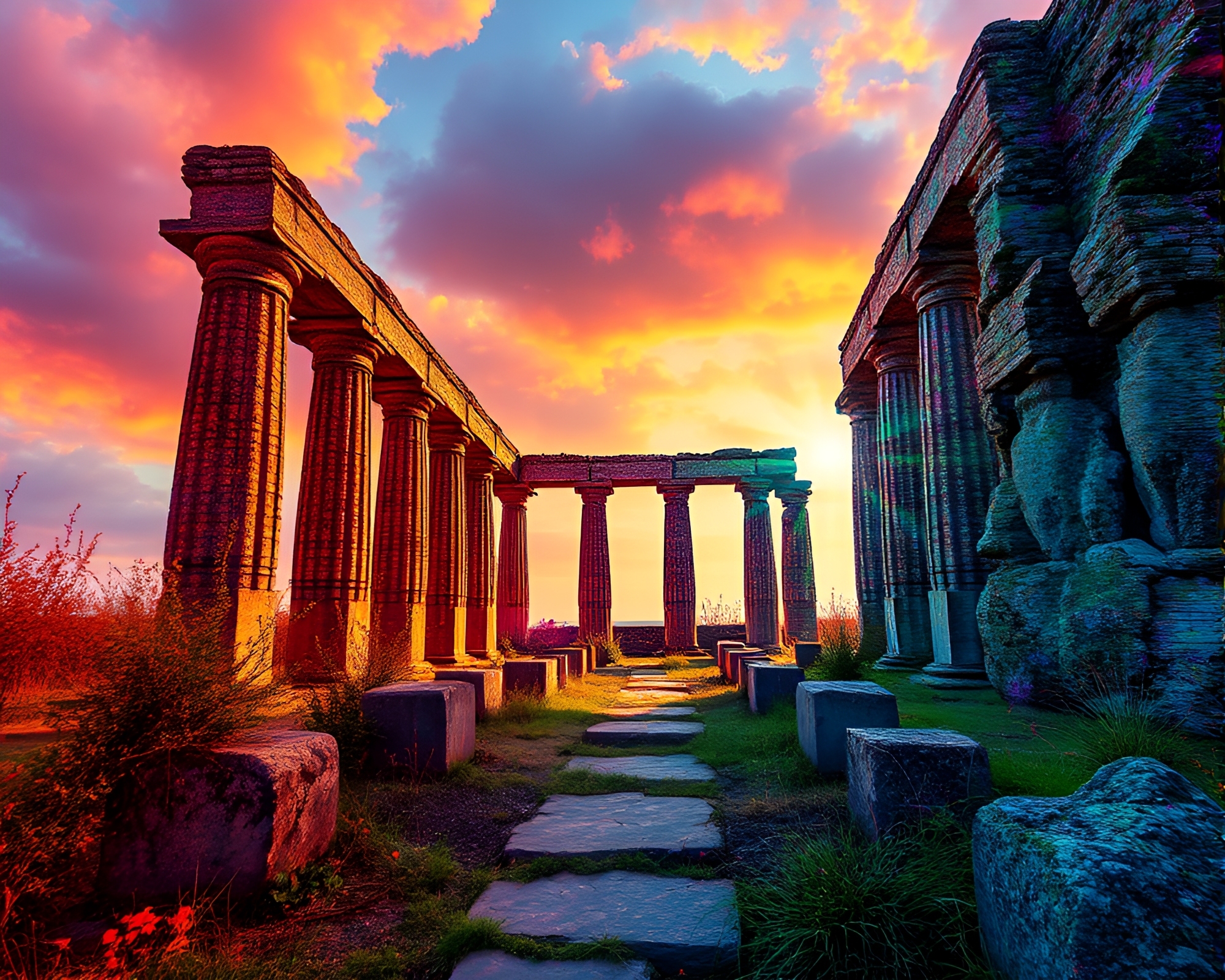 Ethereal ancient ruins transformed into glitch art masterpiece – free AI stock image