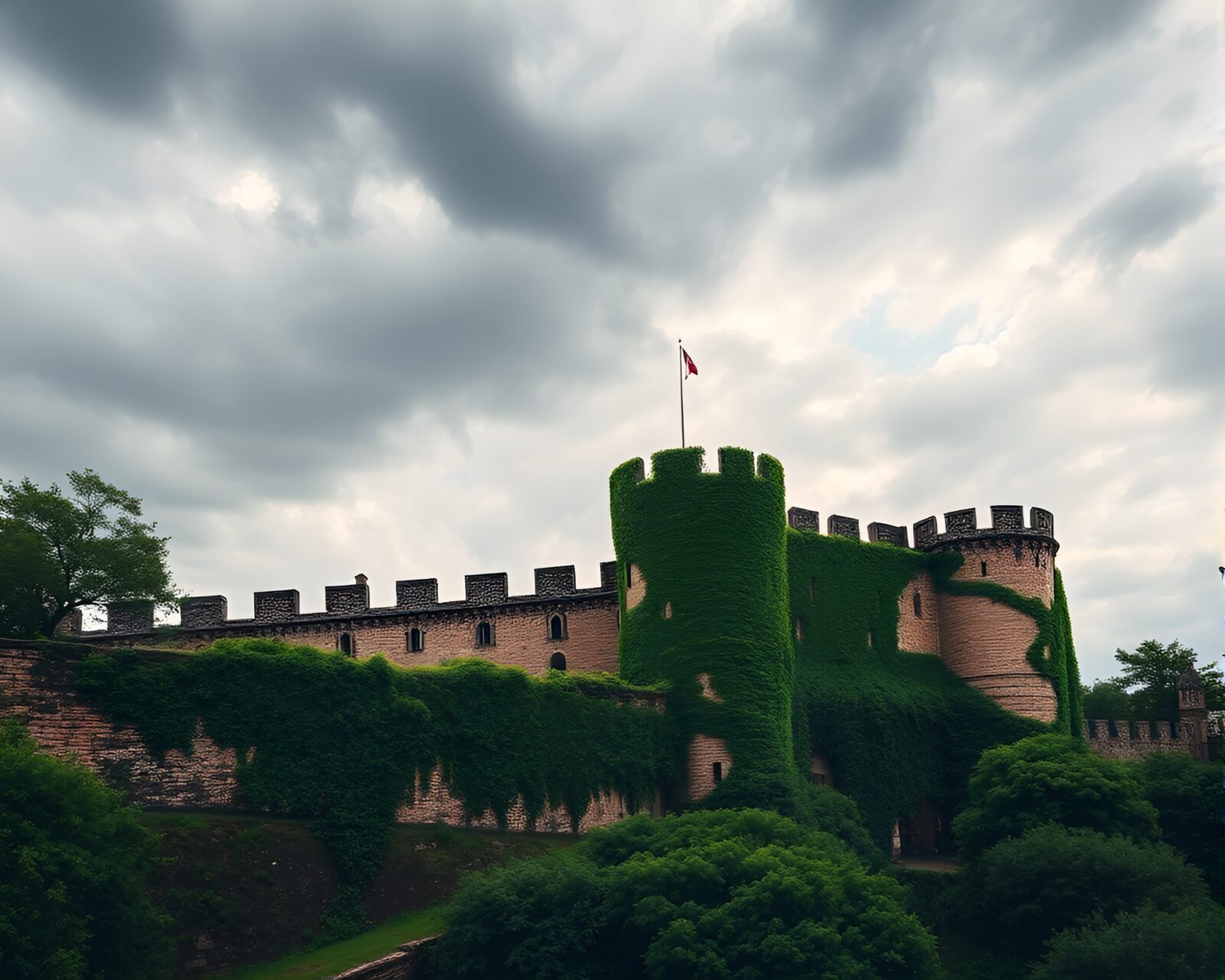 Black and white drawing of ivy-clad medieval fortress