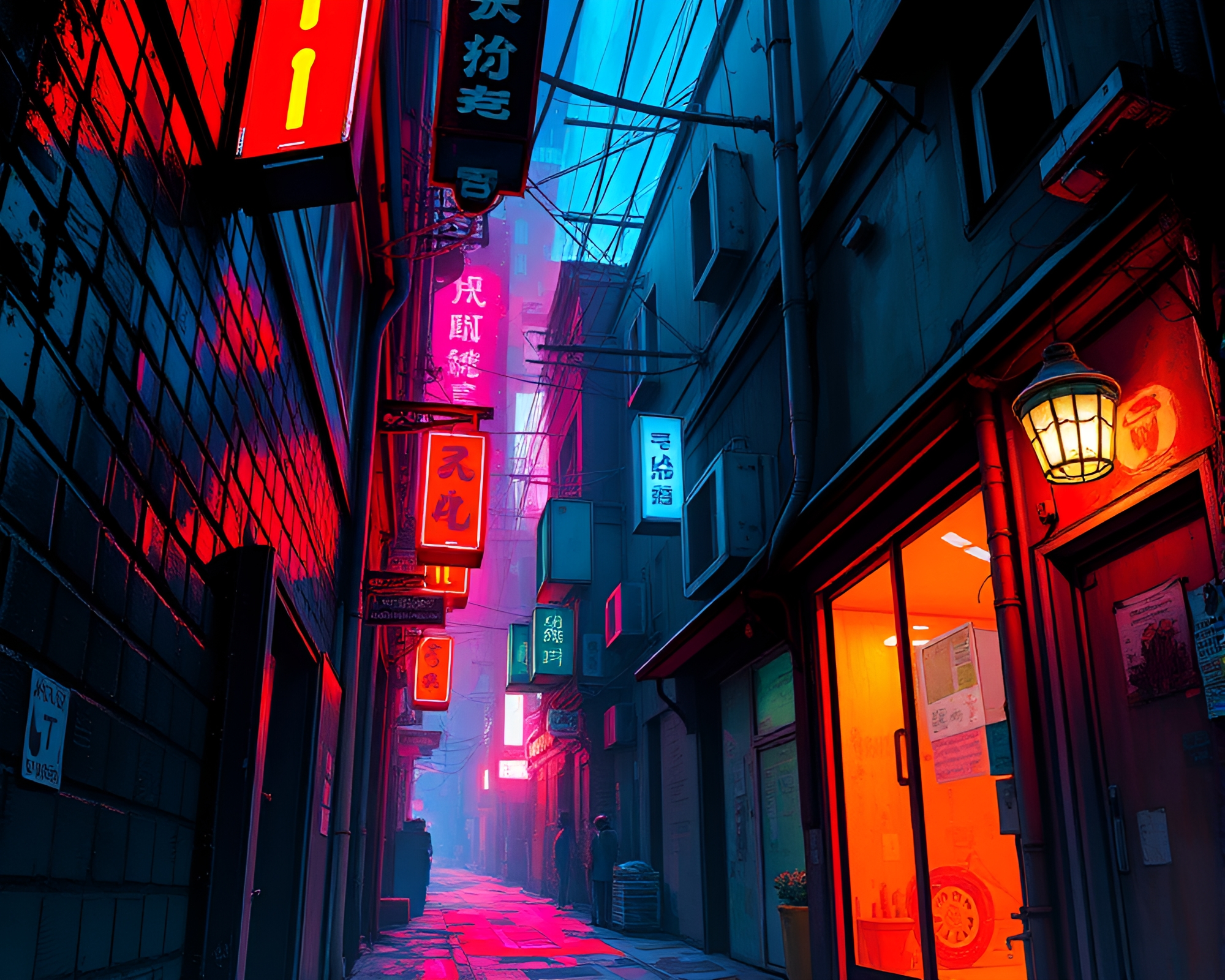 Vibrant Neon Alleyway Illustration with Tense Atmosphere – free AI stock image