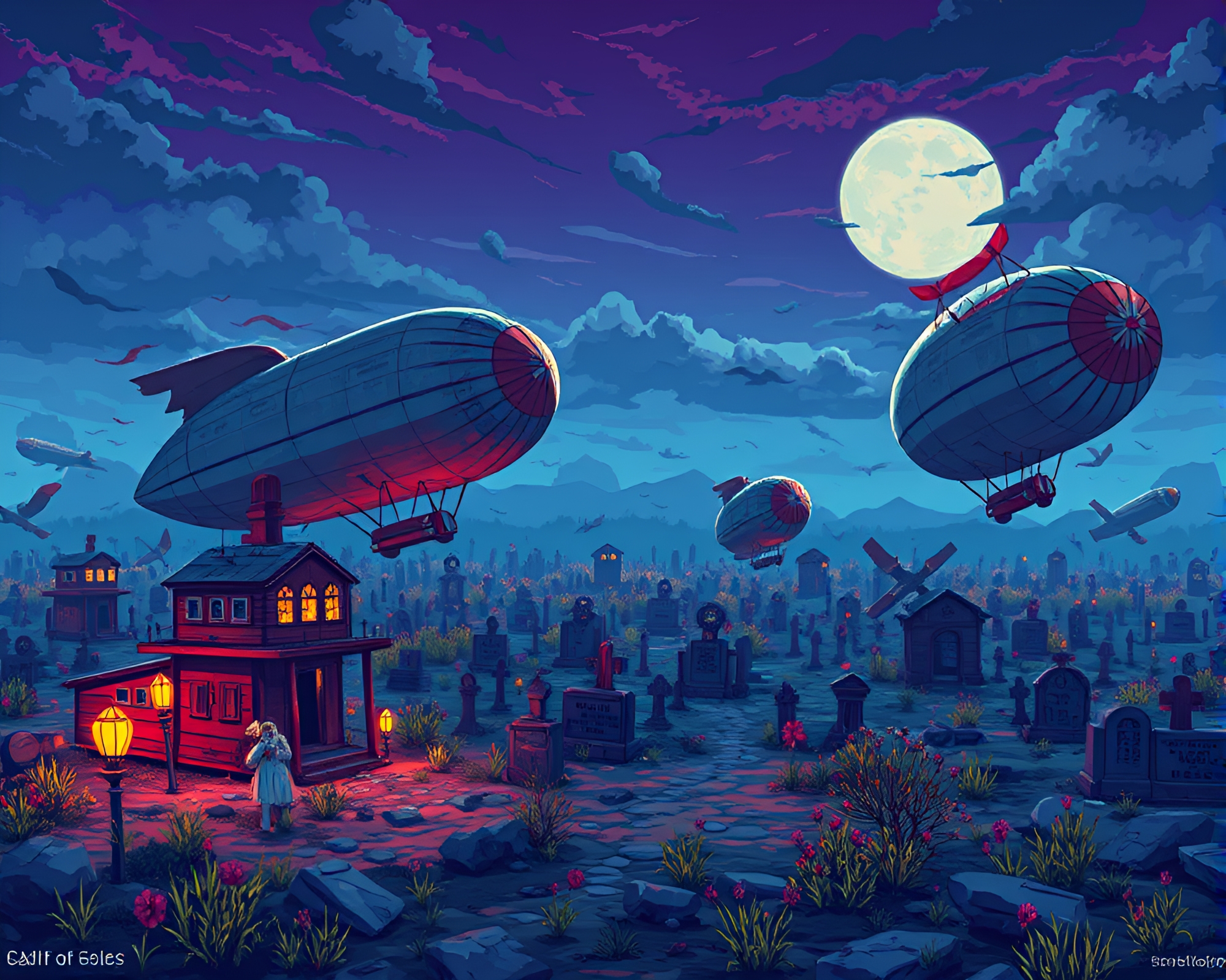 Vibrant Pixel Art of Abandoned Zeppelin Graveyard – free AI stock image