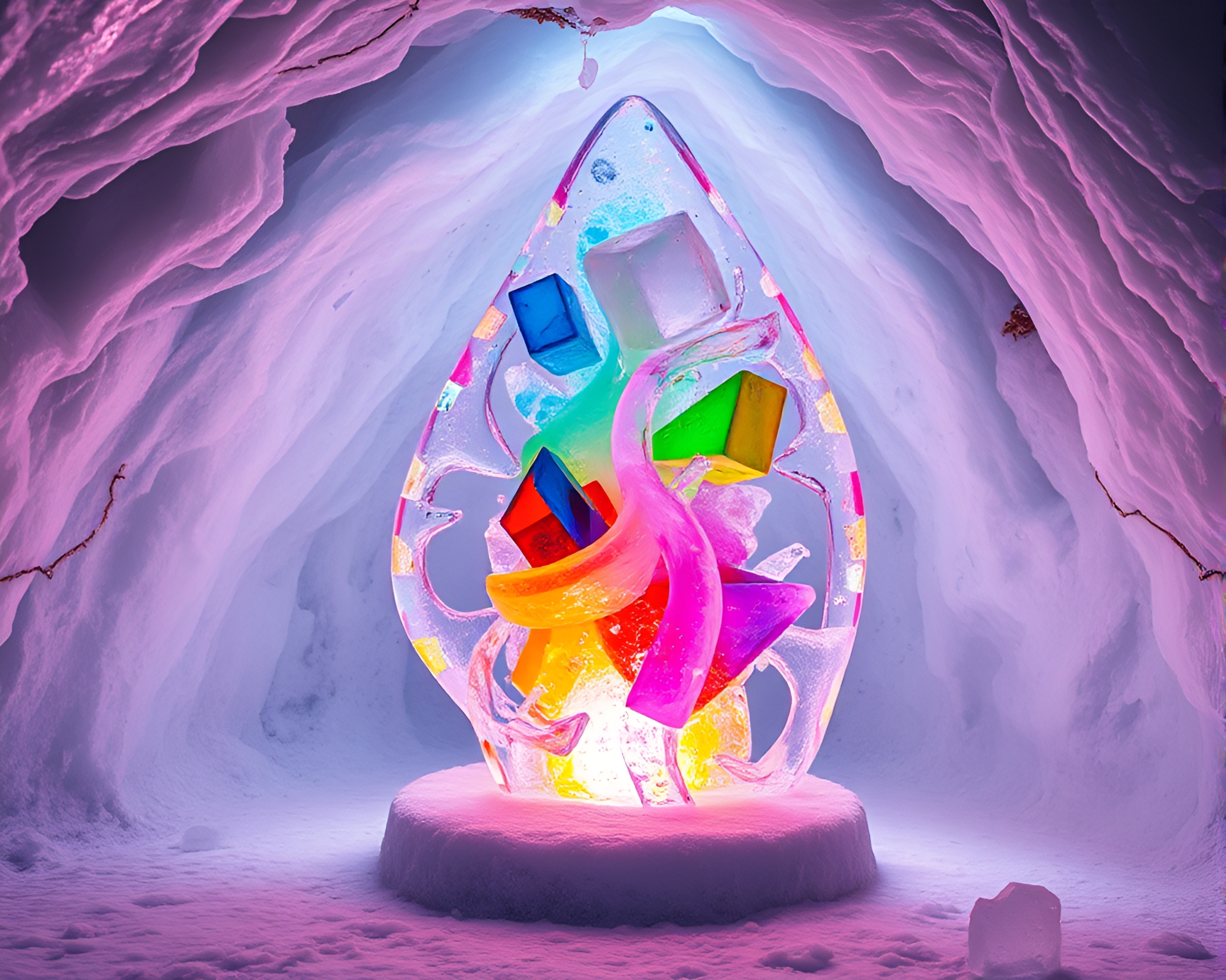 Vibrant Pop Art Ice Sculpture in Rustic Cavern – free AI stock image