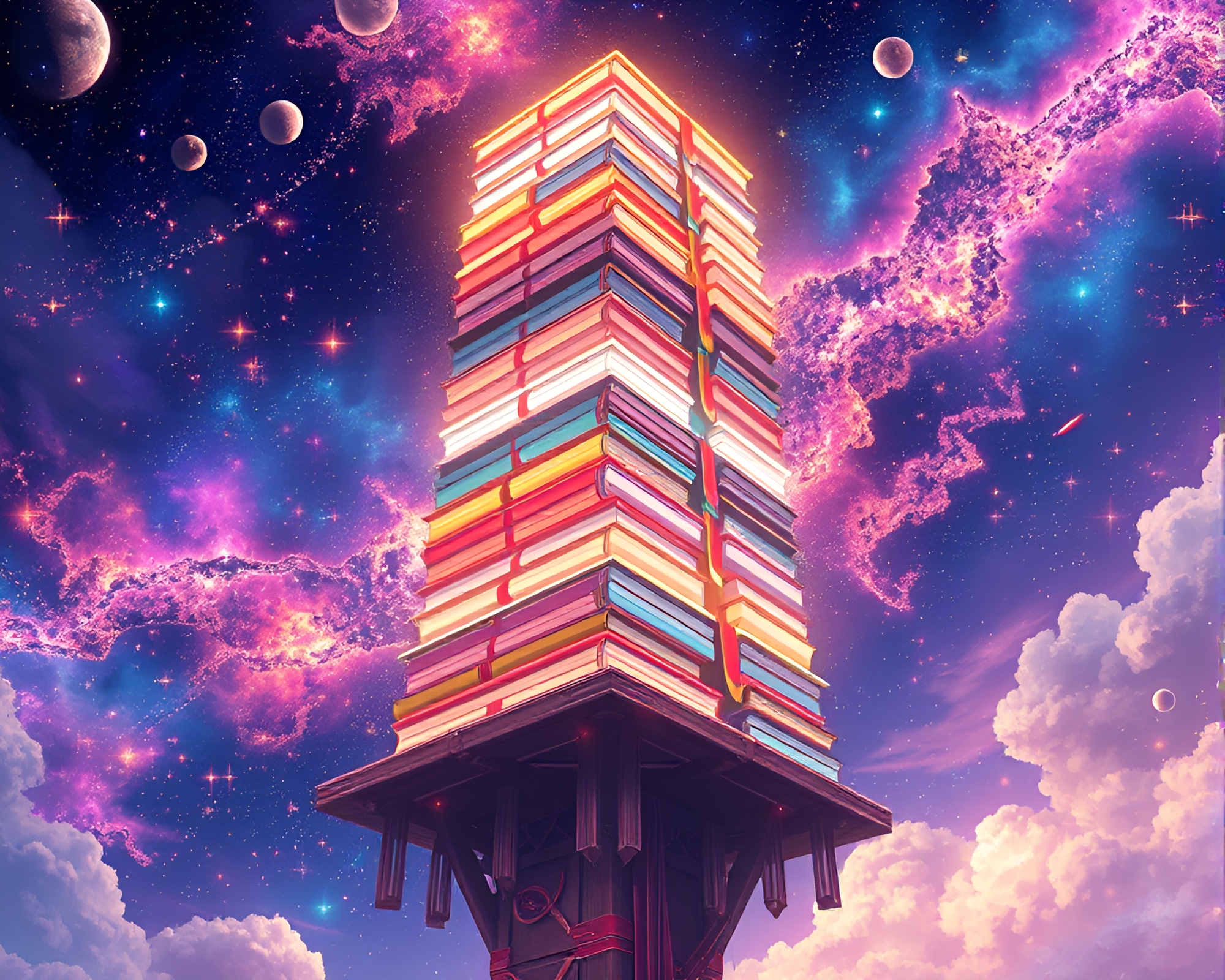 Cosmic Anime-Inspired Universe with Glowing Book Tower – free AI stock image