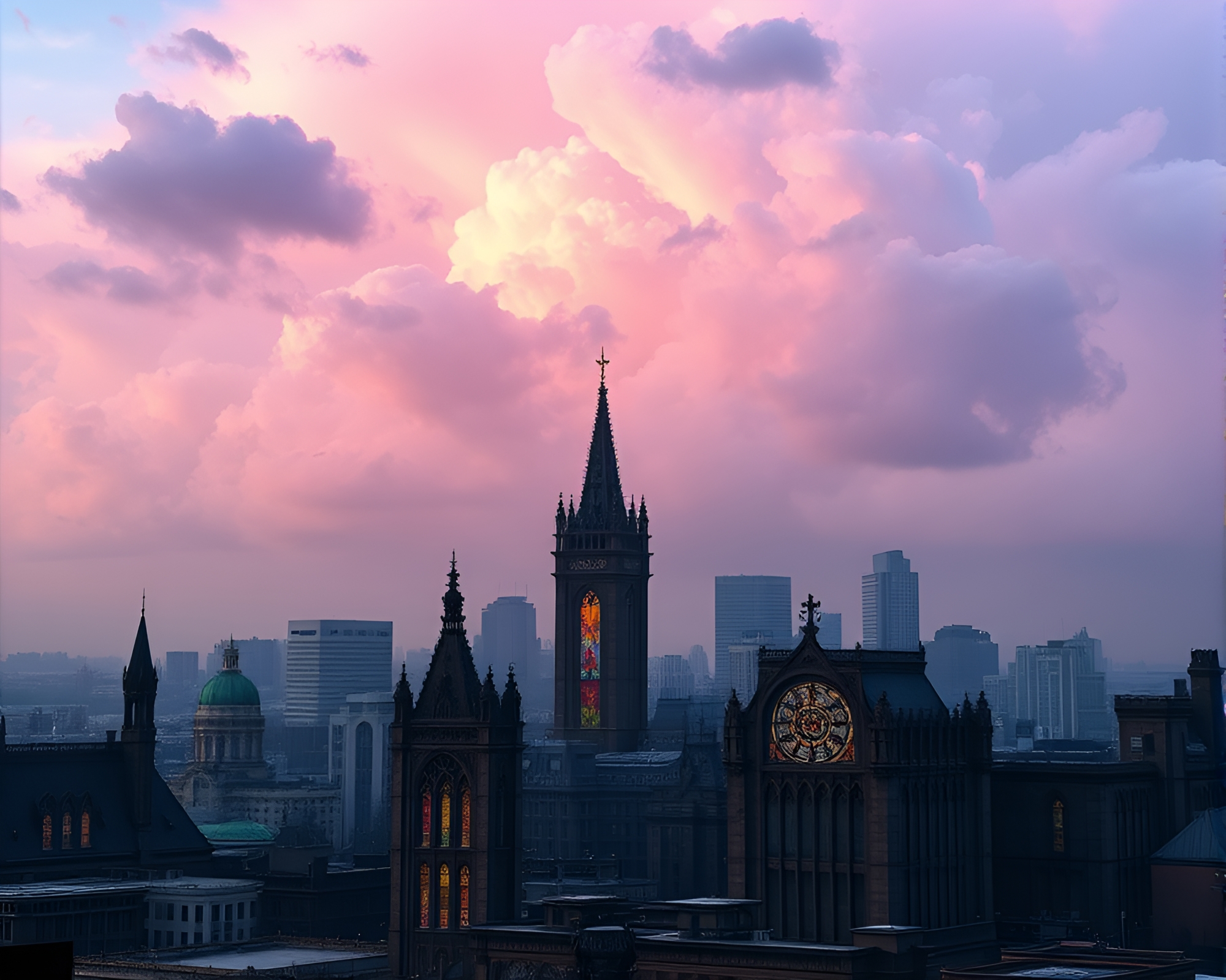 Majestic Pastel Sky Engulfs Eerie Stained Glass Metropolis – free AI stock image