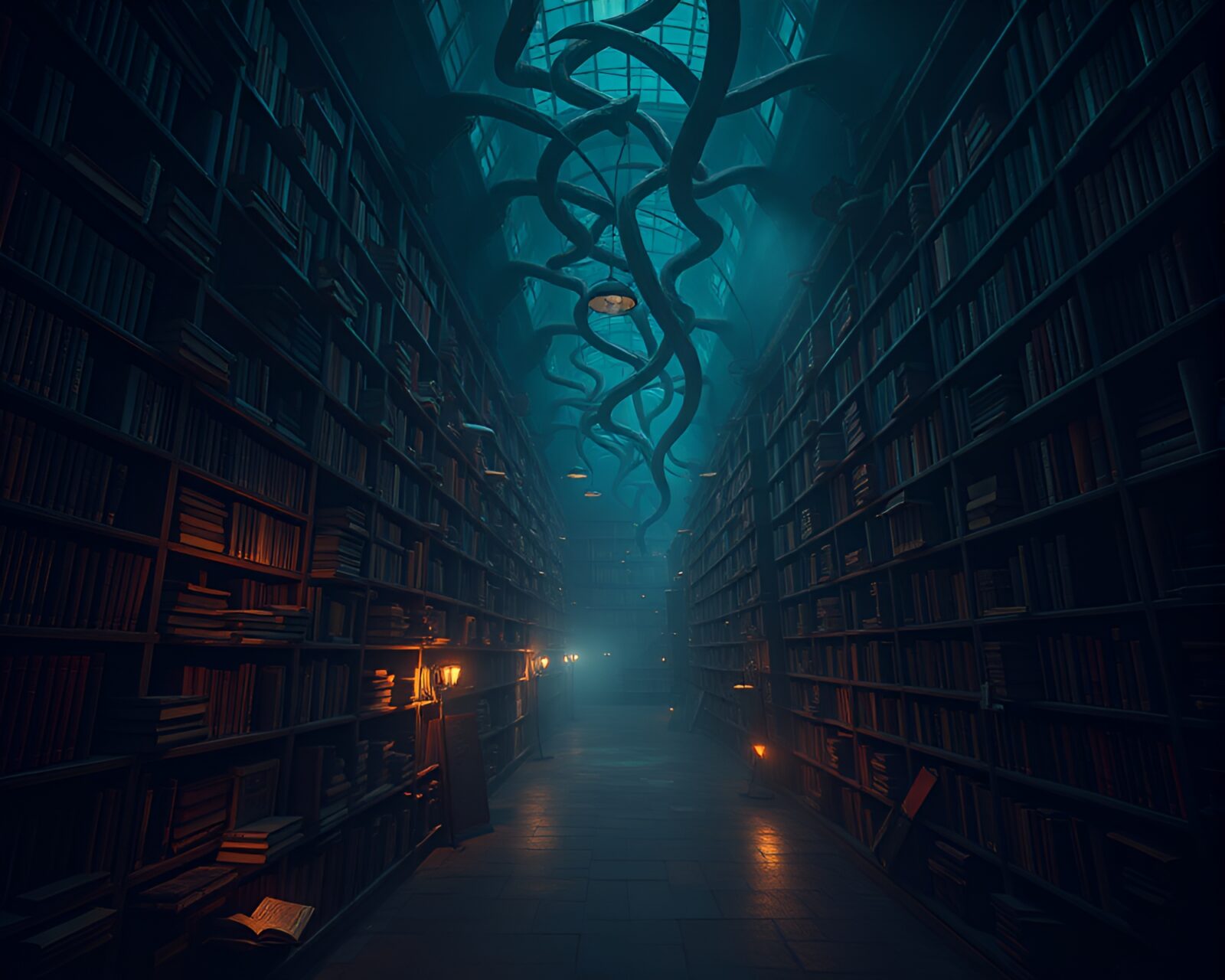 Surreal labyrinthine library at night with floating books