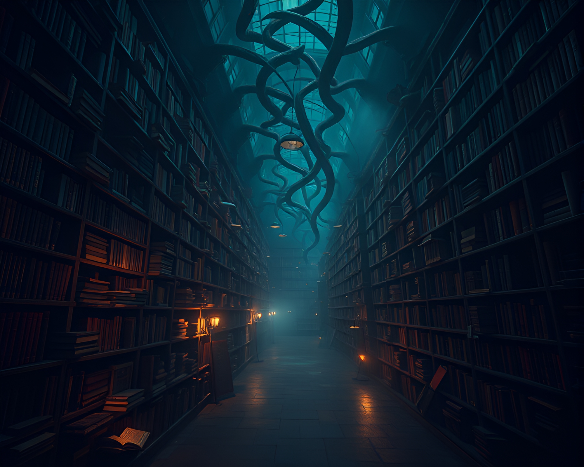Mysterious Noir Library with Floating Books and Twisted Shelves – free AI stock image