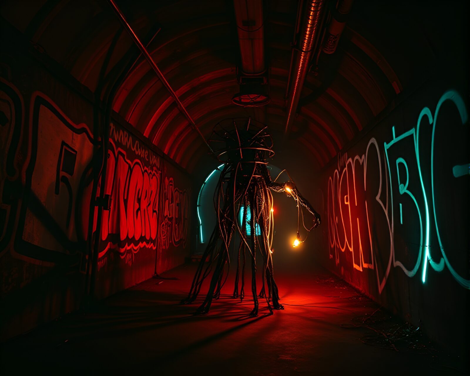 Eerie pulsating sculpture in neon-lit graffiti tunnel casts dancing shadows