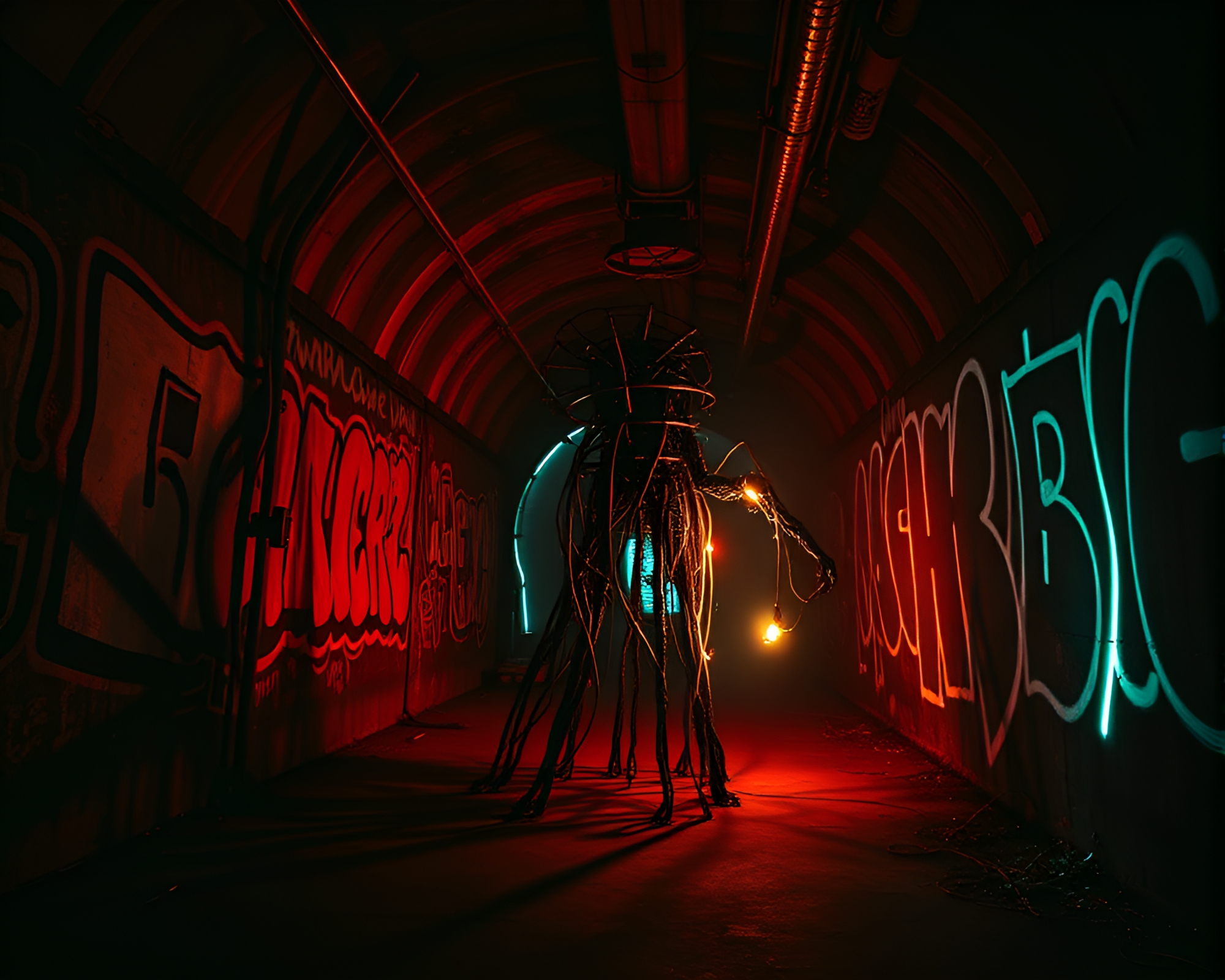 Ethereal Kinetic Sculpture Illuminates Neon Graffiti Tunnel – free AI stock image