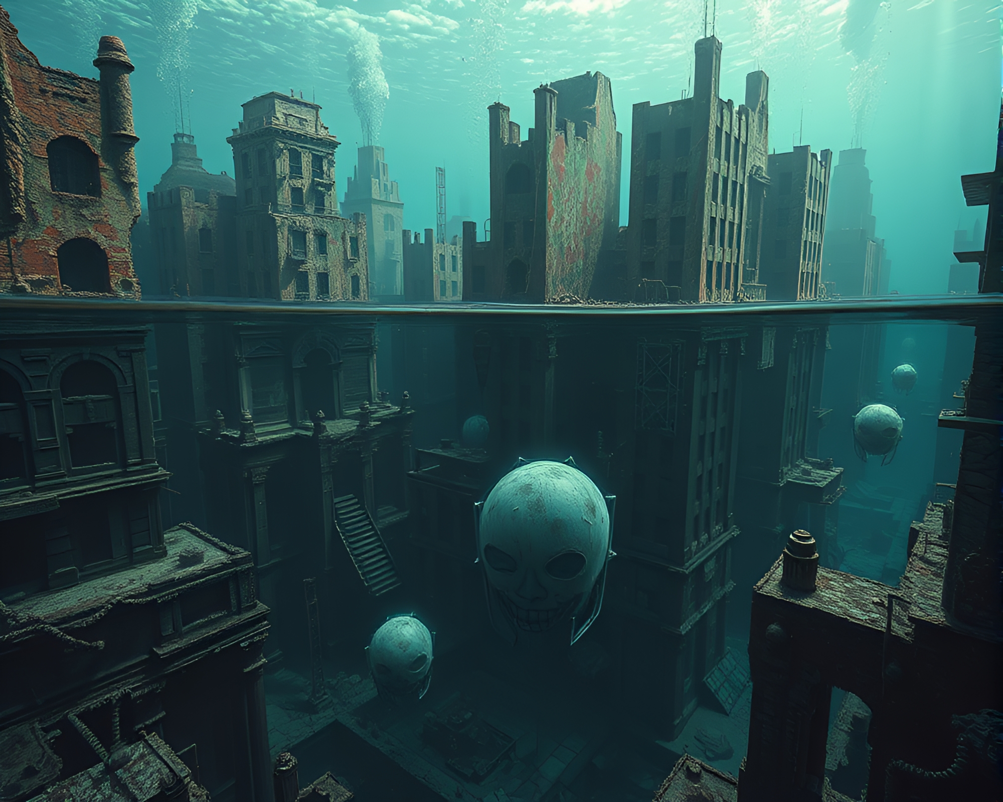 Eerie Underwater Cityscape with Modern Art Installations – free AI stock image