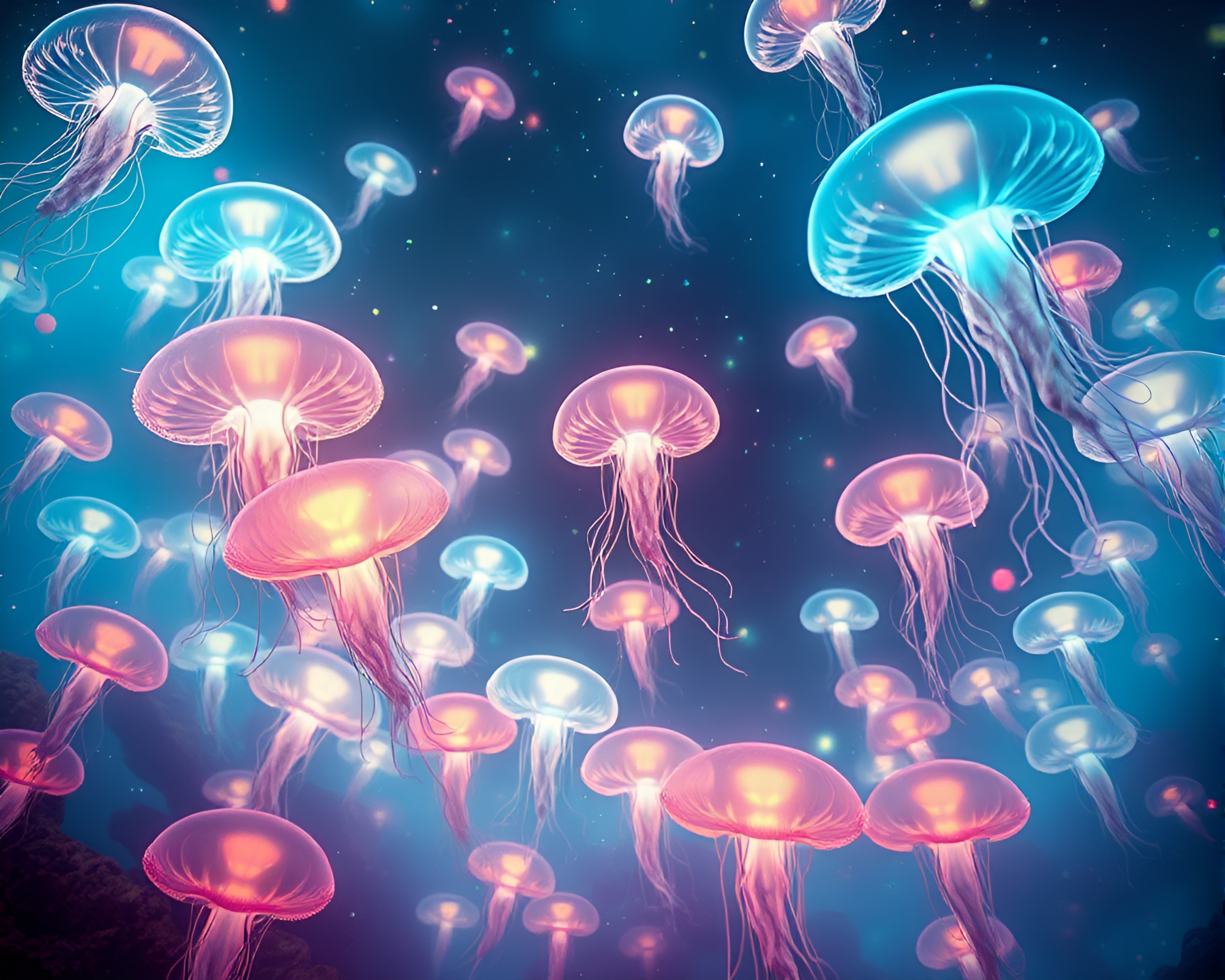 Ethereal Underwater Landscape with Haunting Luminescent Jellyfish Swarm – free AI stock image