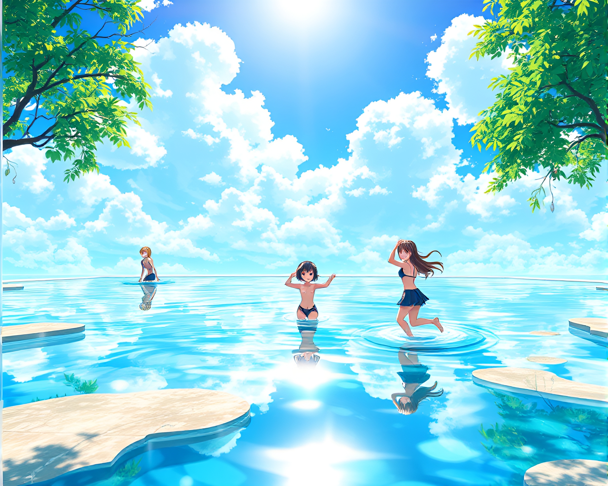 Anime Characters Frolicking in Tranquil Oasis with Clear Blue Sky – free AI stock image