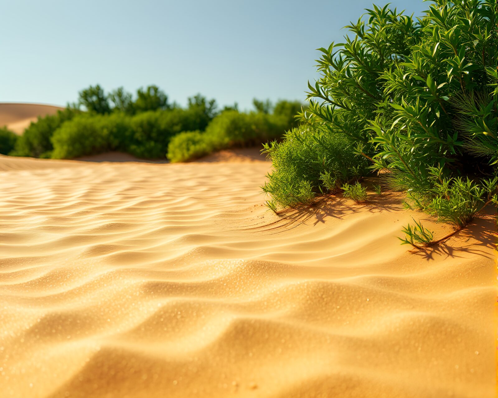 Surreal art-like landscape of metallic sand and greenery
