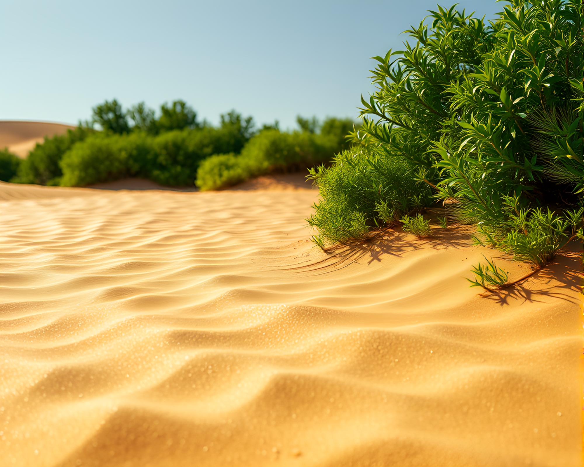 Futuristic Metallic Sand Desert with Lush Vegetation – free AI stock image