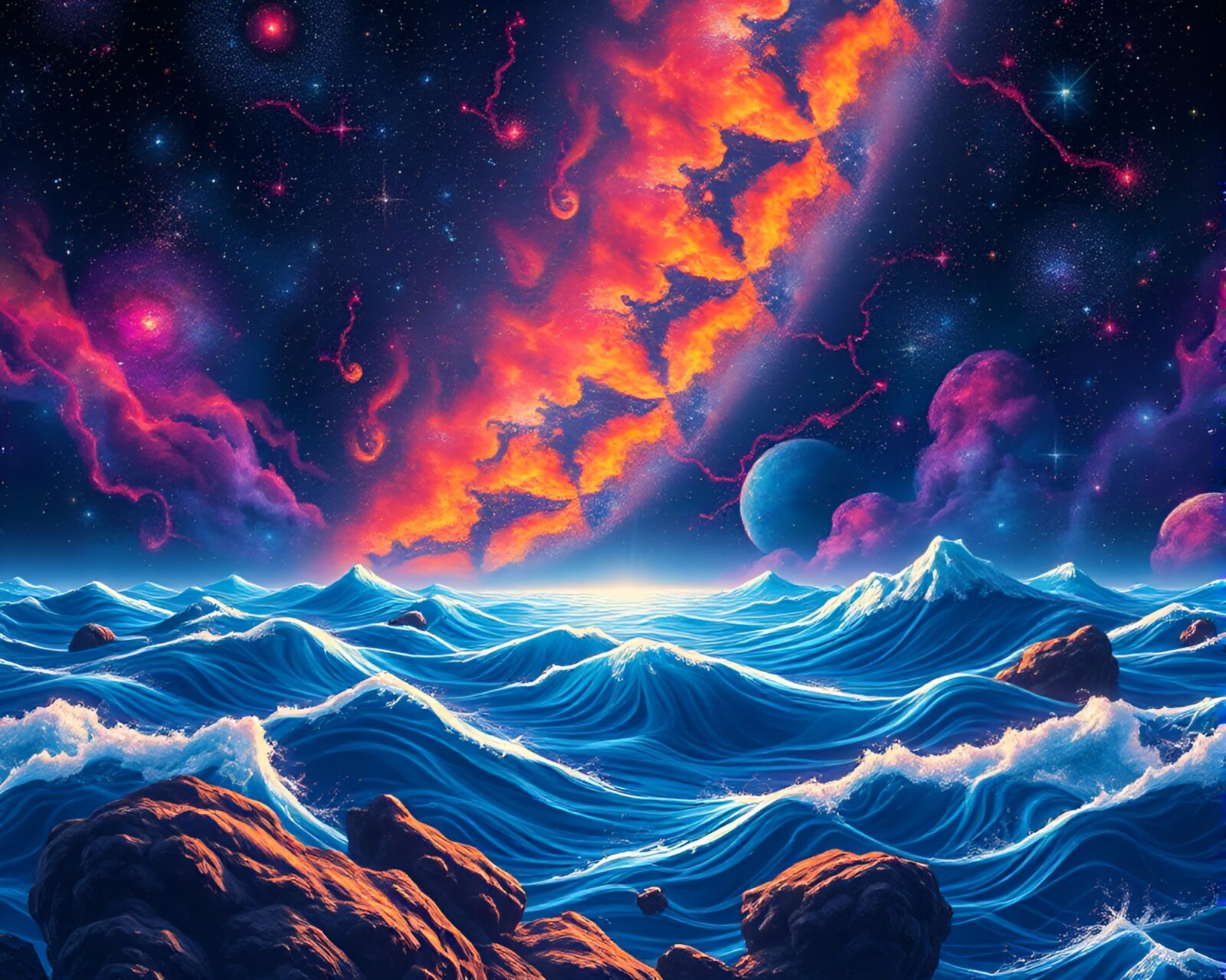 Energetic cosmic ocean with electrifying Art Deco patterns and stars