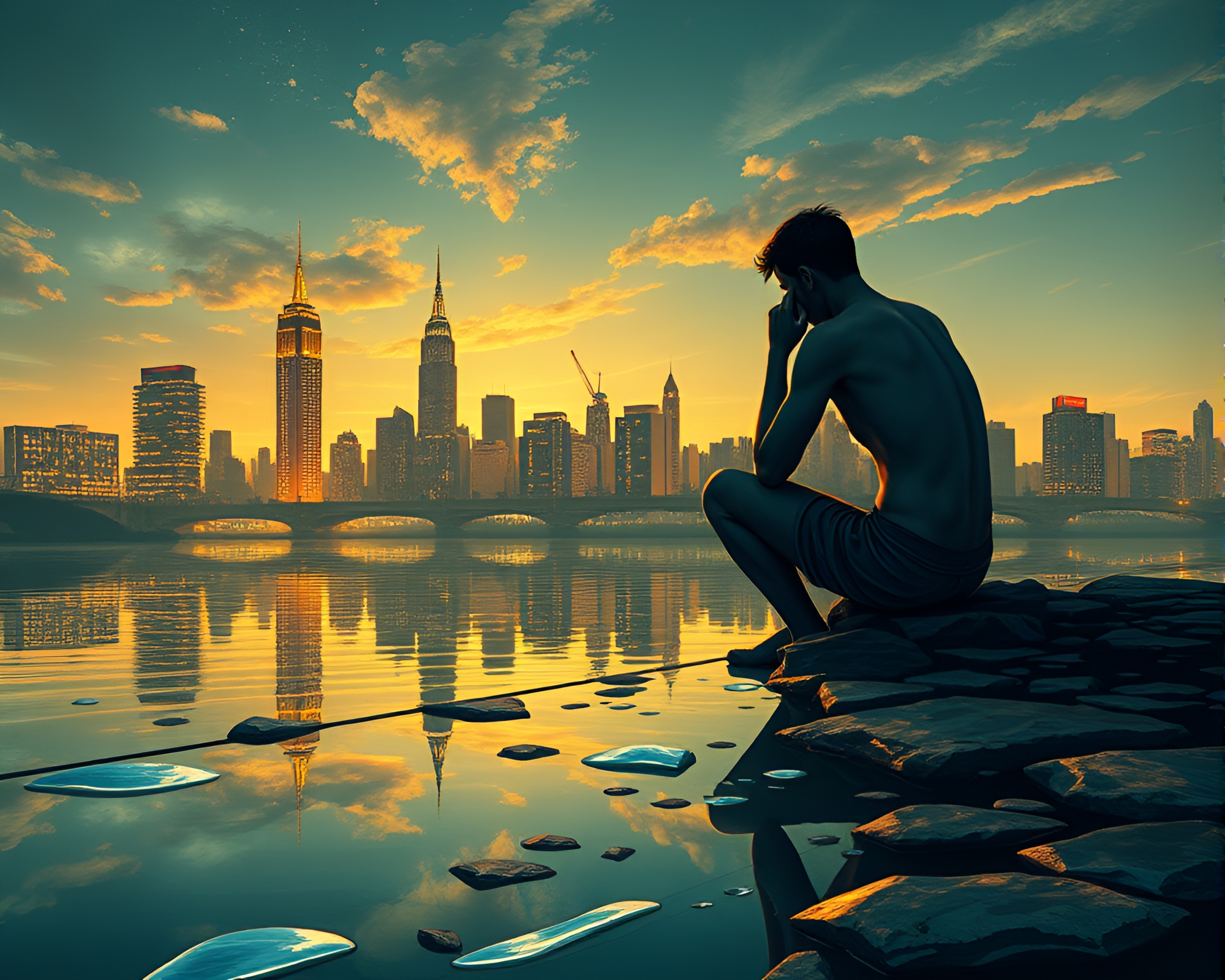 Contemplative Figure by Liquid Mercury River Art Deco Scene – free AI stock image